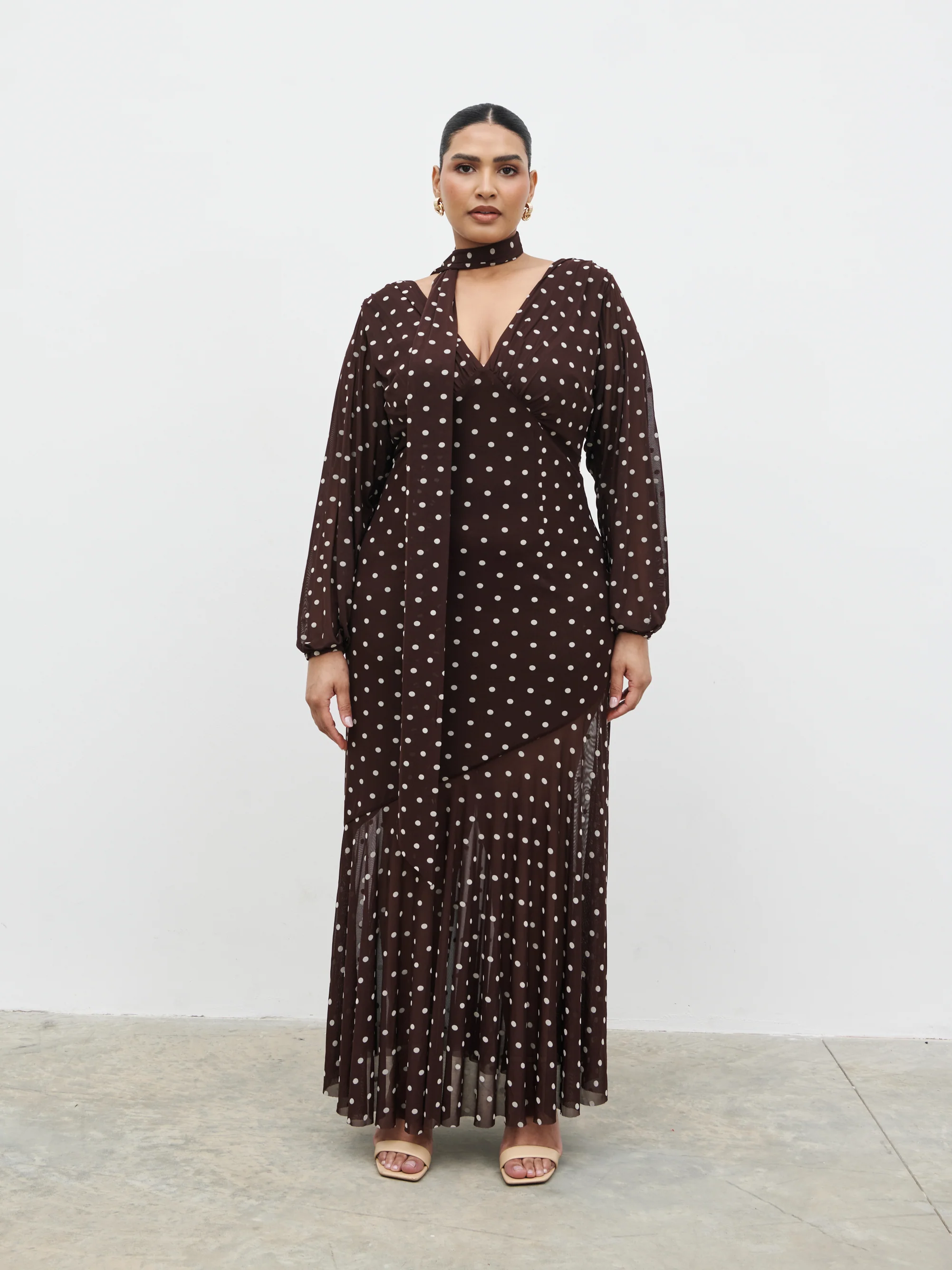 Petula Scarf Mesh Maxi Dress Curve - Brown and Cream Polkadot - Image 5