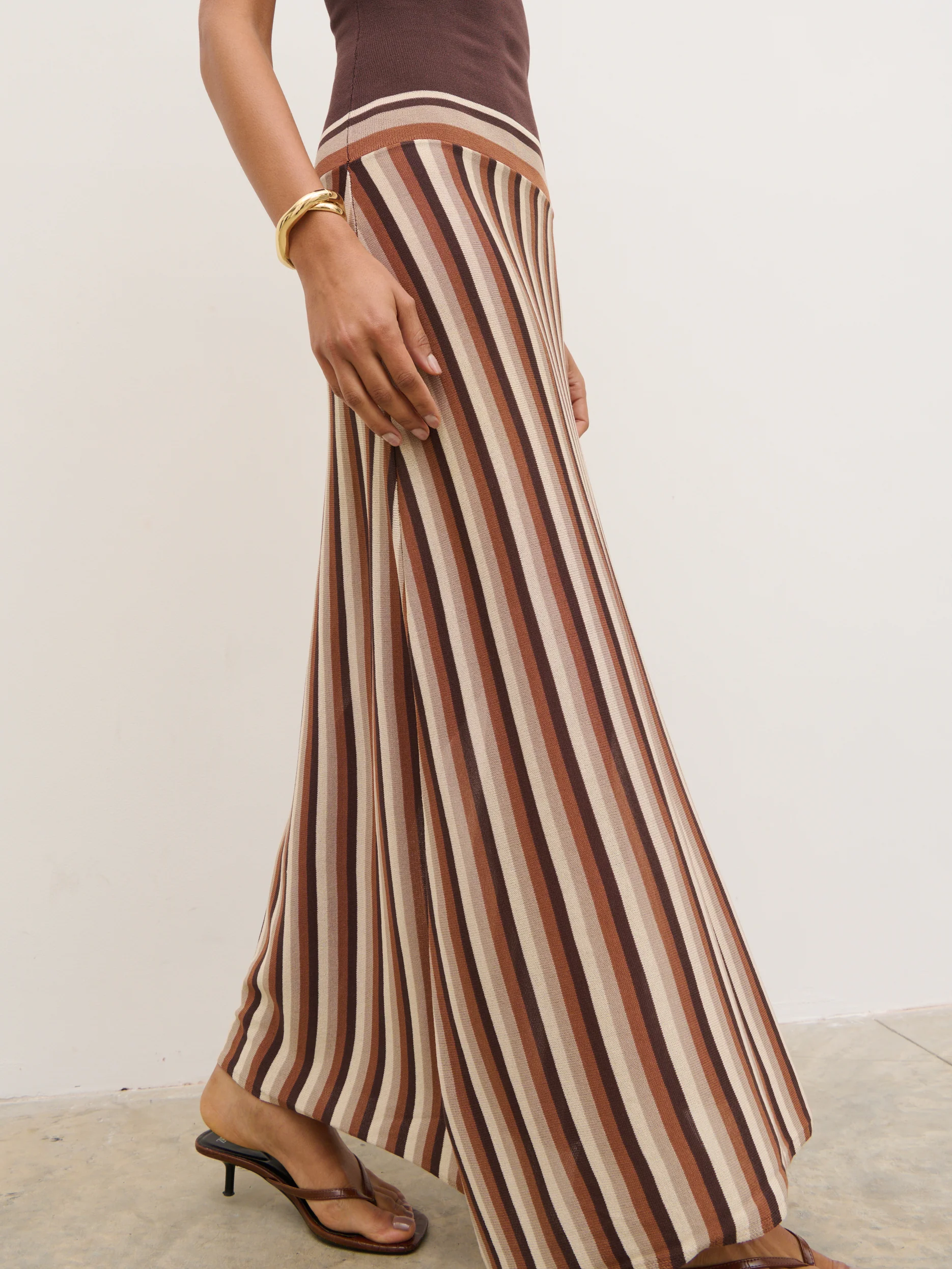 Phoebe Slash Neck Stripe Knit Maxi Dress - Brown - Image 3