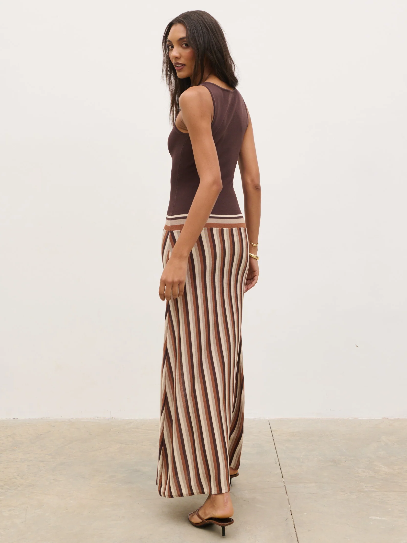 Phoebe Slash Neck Stripe Knit Maxi Dress - Brown - Image 5