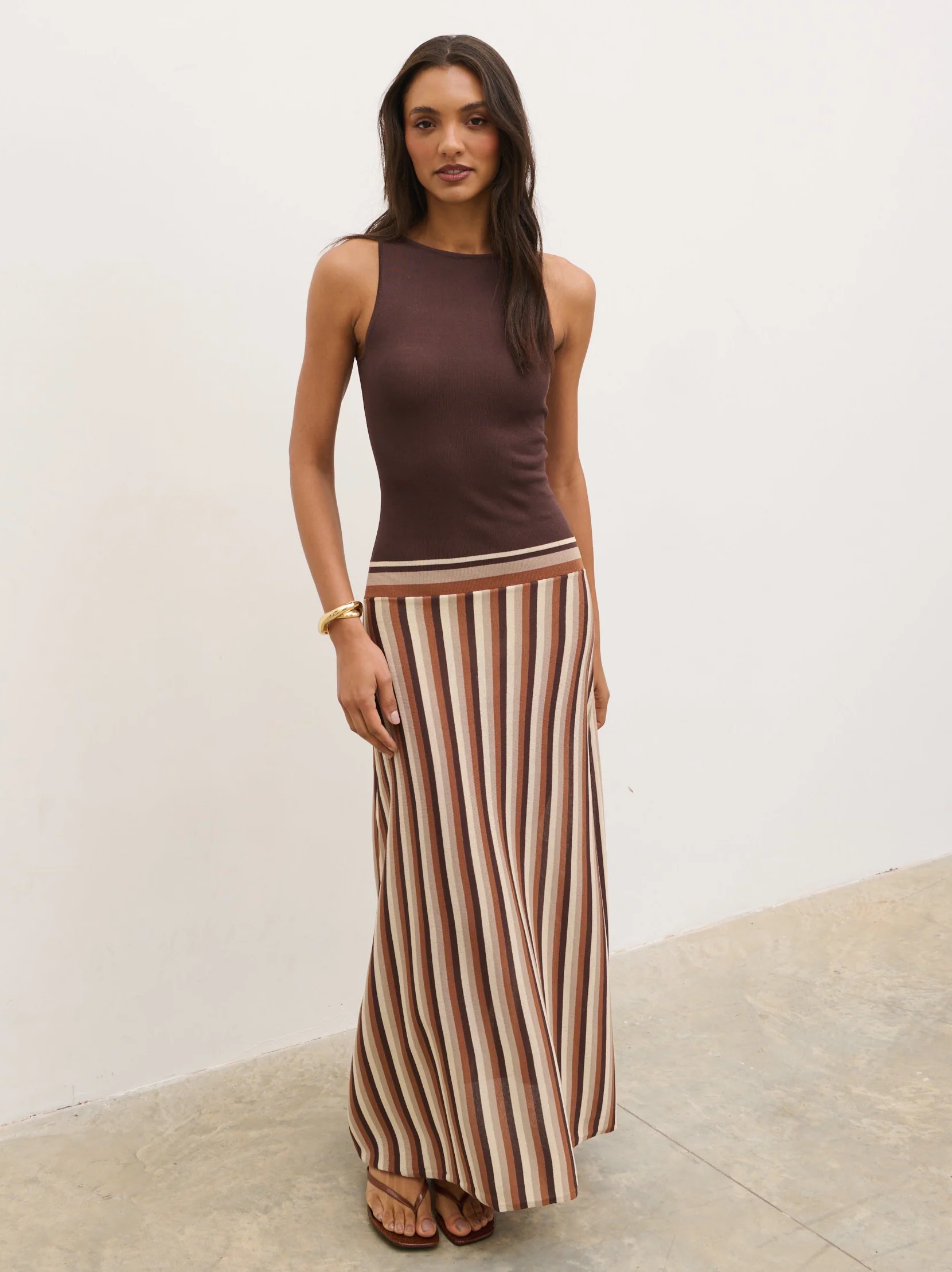 Phoebe Slash Neck Stripe Knit Maxi Dress - Brown - Image 6