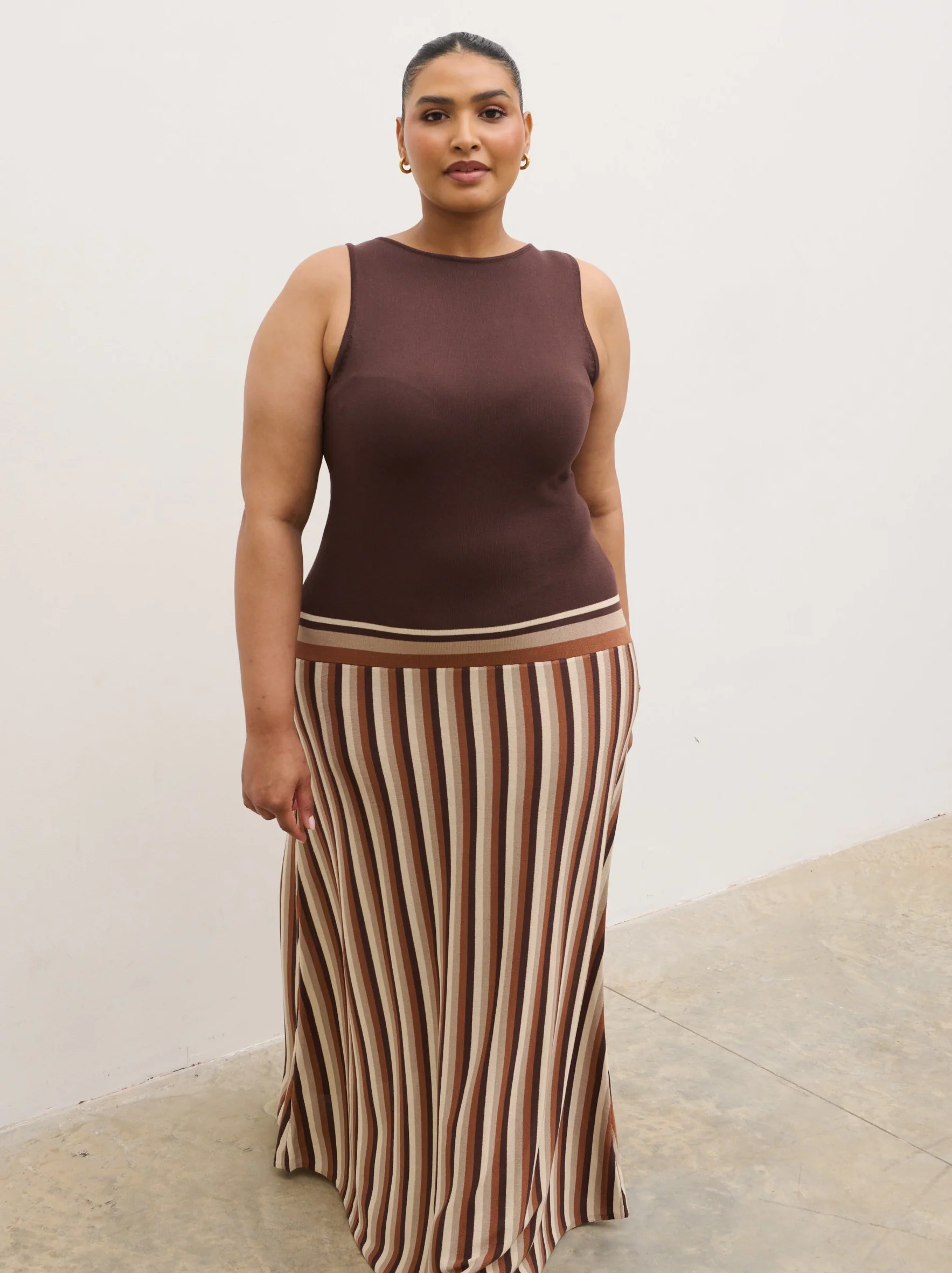 Phoebe Slash Neck Stripe Knit Maxi Dress Curve - Brown - Image 3