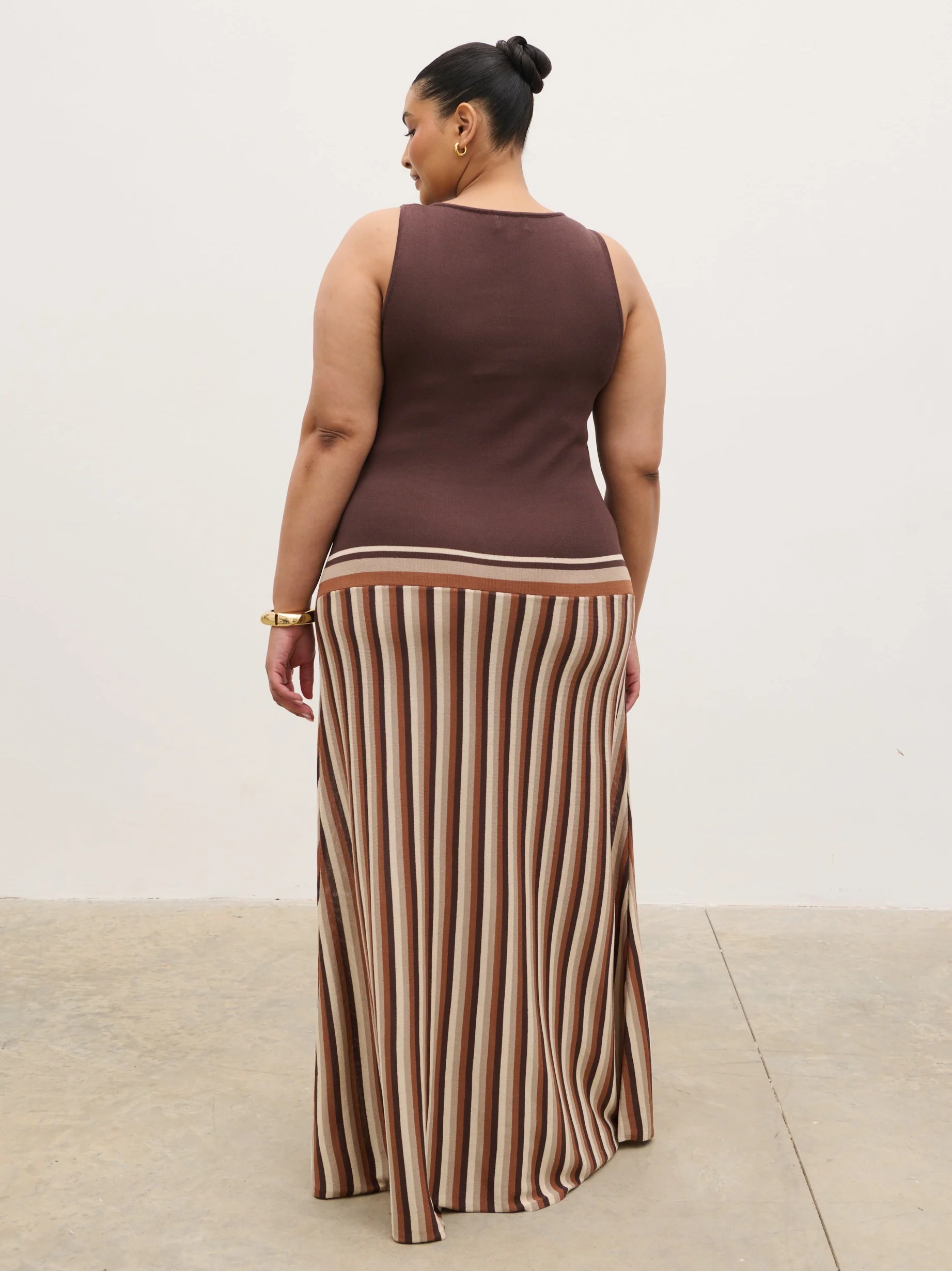 Phoebe Slash Neck Stripe Knit Maxi Dress Curve - Brown - Image 5