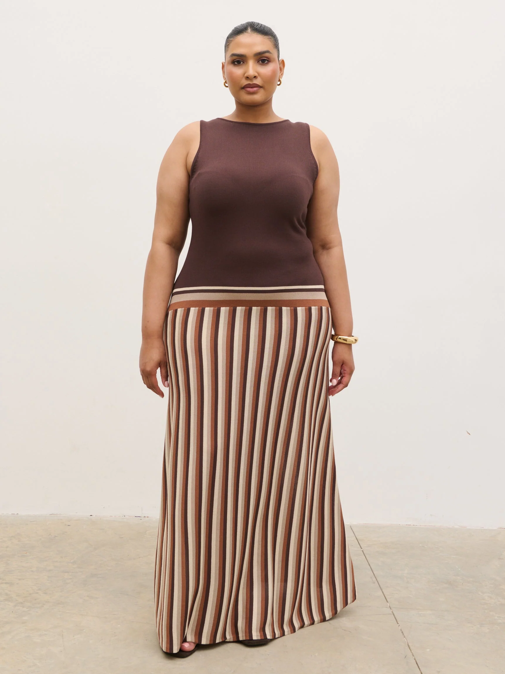 Phoebe Slash Neck Stripe Knit Maxi Dress Curve - Brown - Image 6