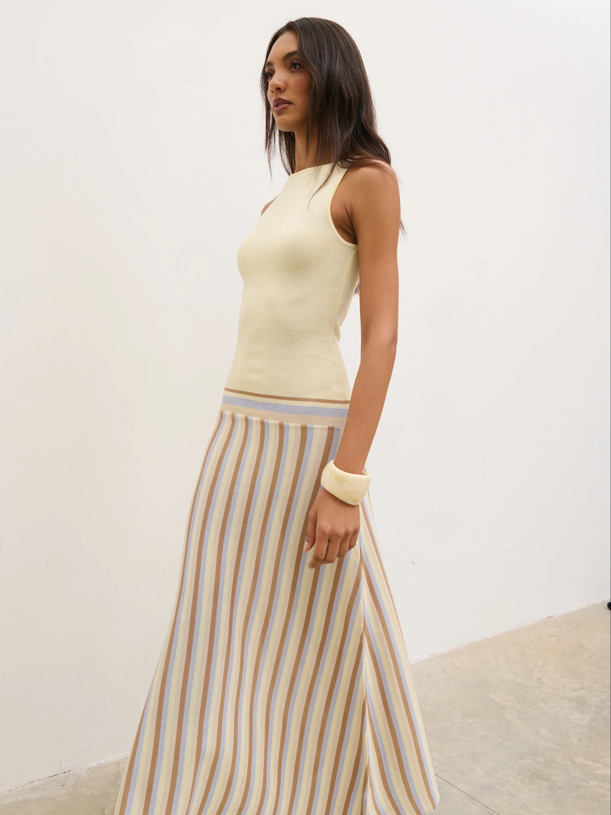 Phoebe Slash Neck Stripe Knit Maxi Dress - Lemon - Image 2