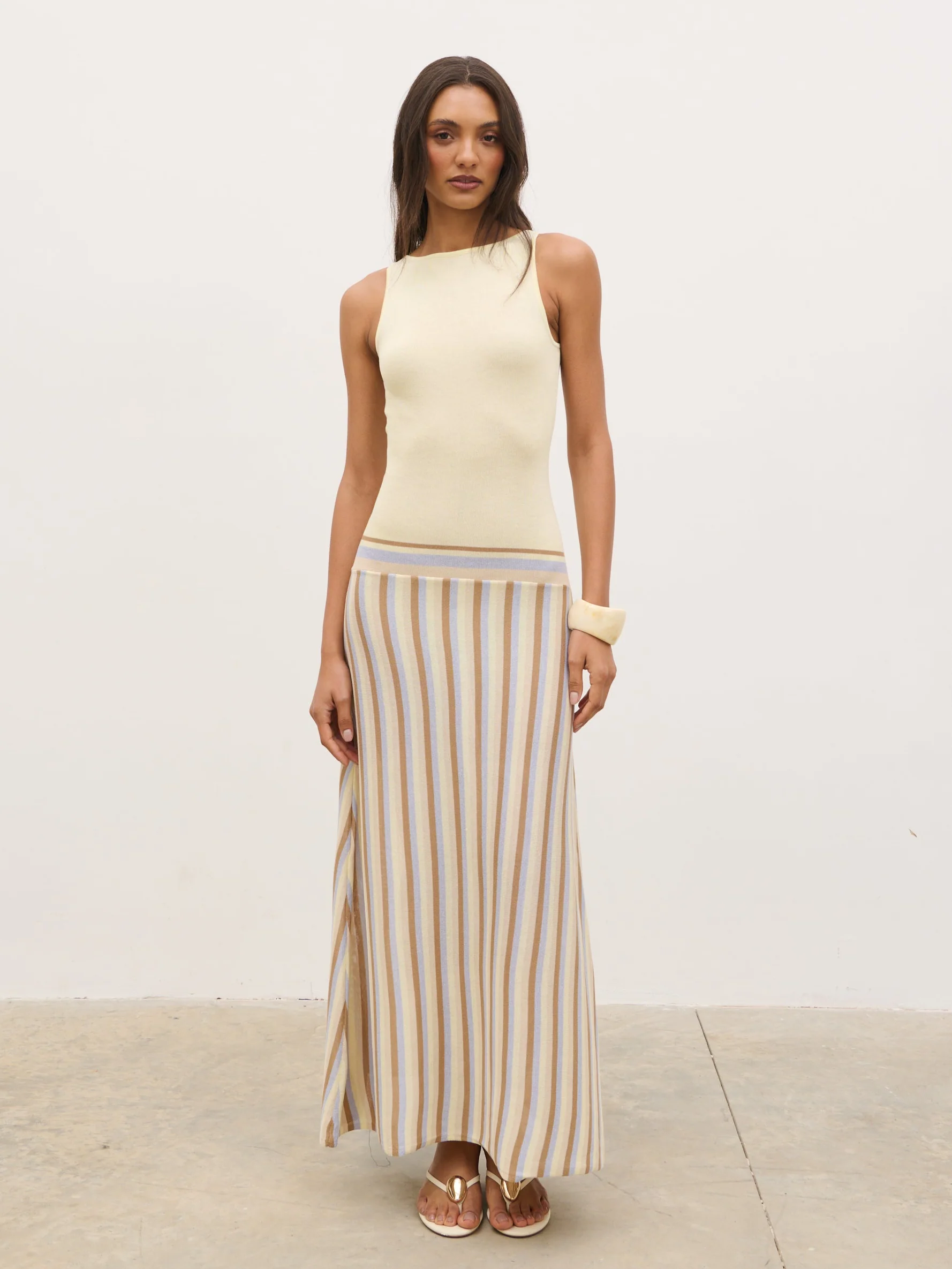 Phoebe Slash Neck Stripe Knit Maxi Dress - Lemon - Image 4