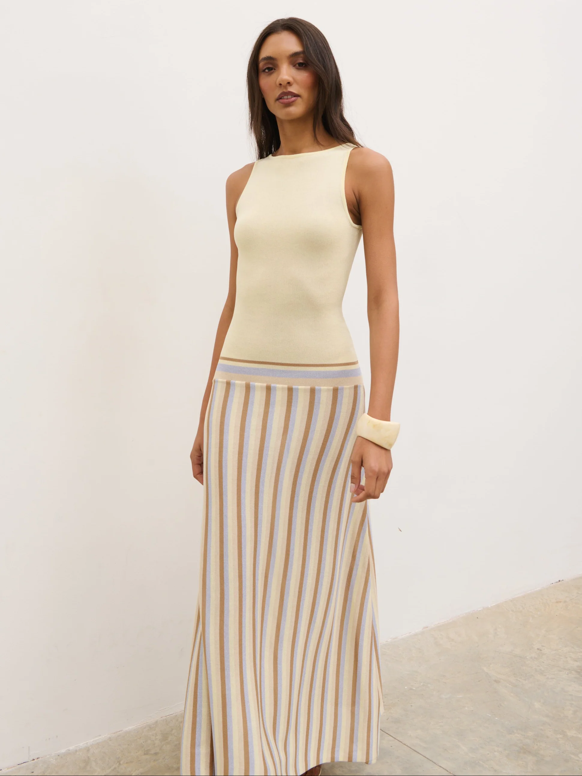 Phoebe Slash Neck Stripe Knit Maxi Dress - Lemon - Image 6