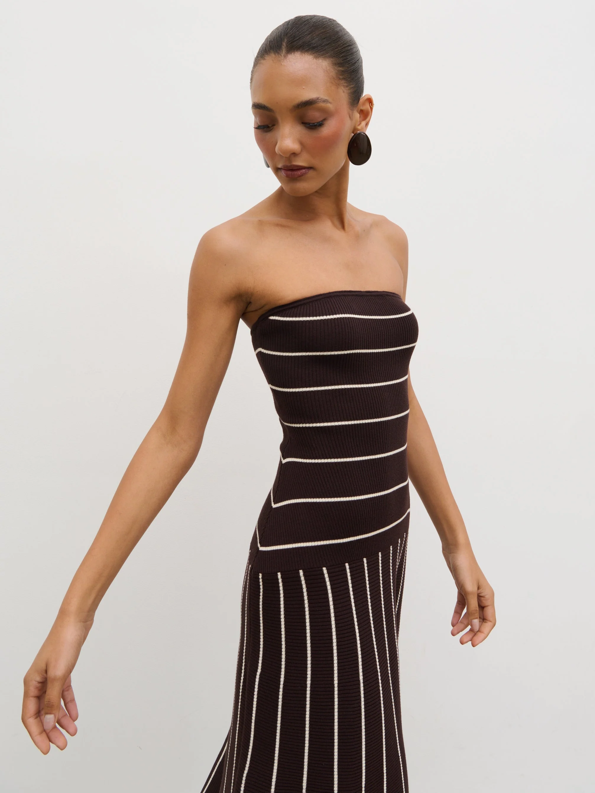 Pixie Bandeau Stripe Knit Long Midaxi Dress - Brown - Image 2