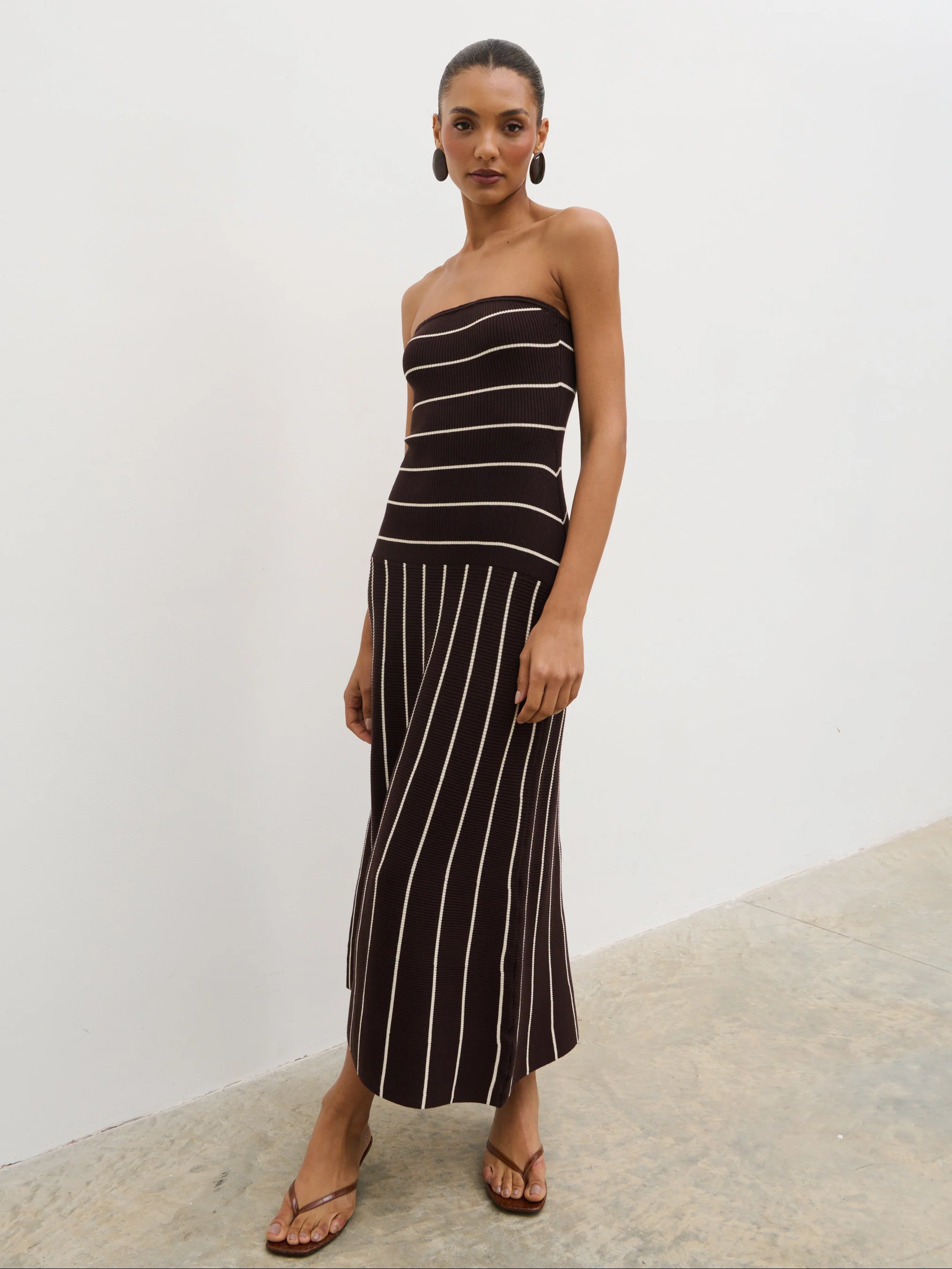 Pixie Bandeau Stripe Knit Long Midaxi Dress - Brown - Image 3
