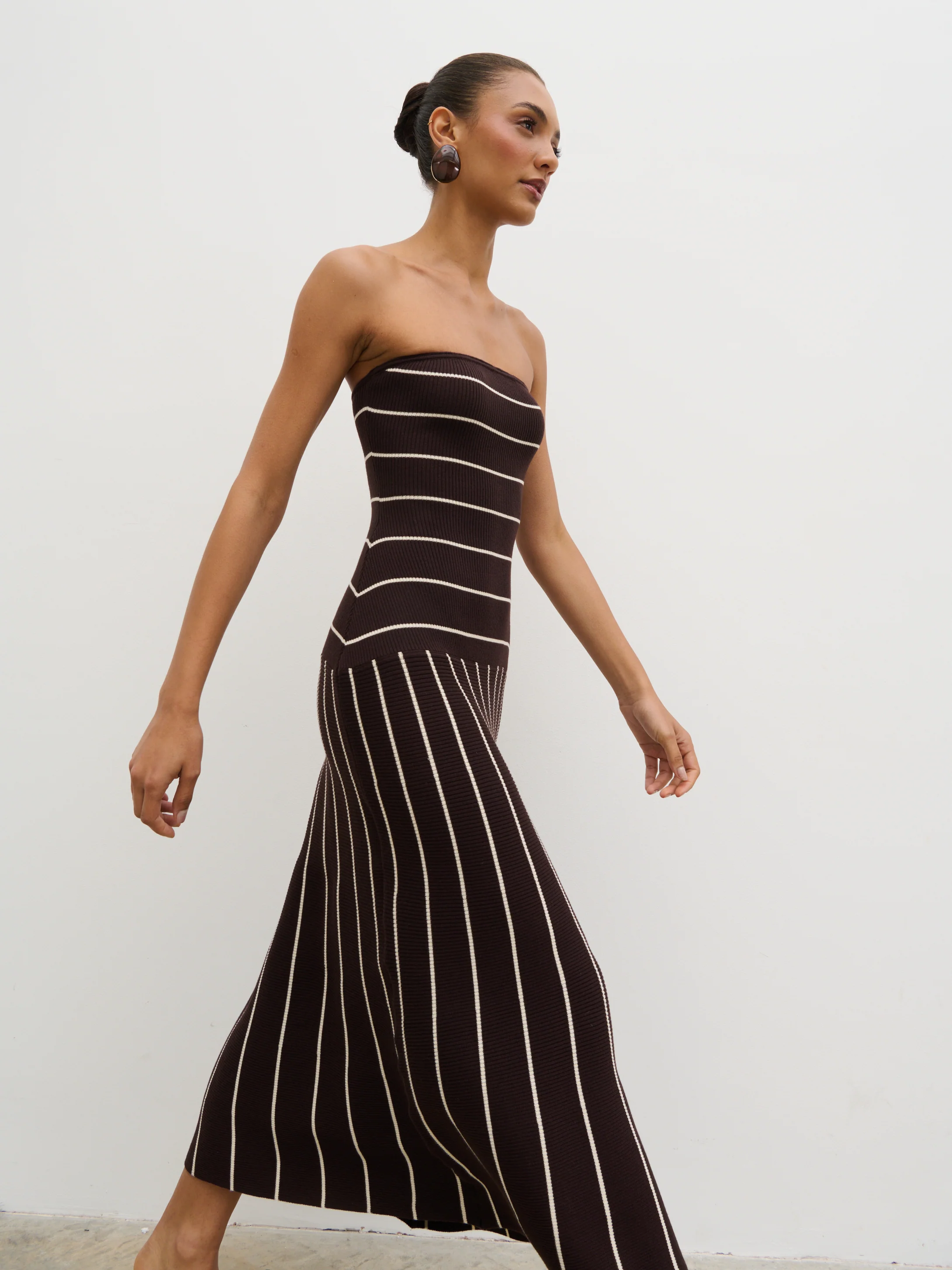 Pixie Bandeau Stripe Knit Long Midaxi Dress - Brown - Image 4