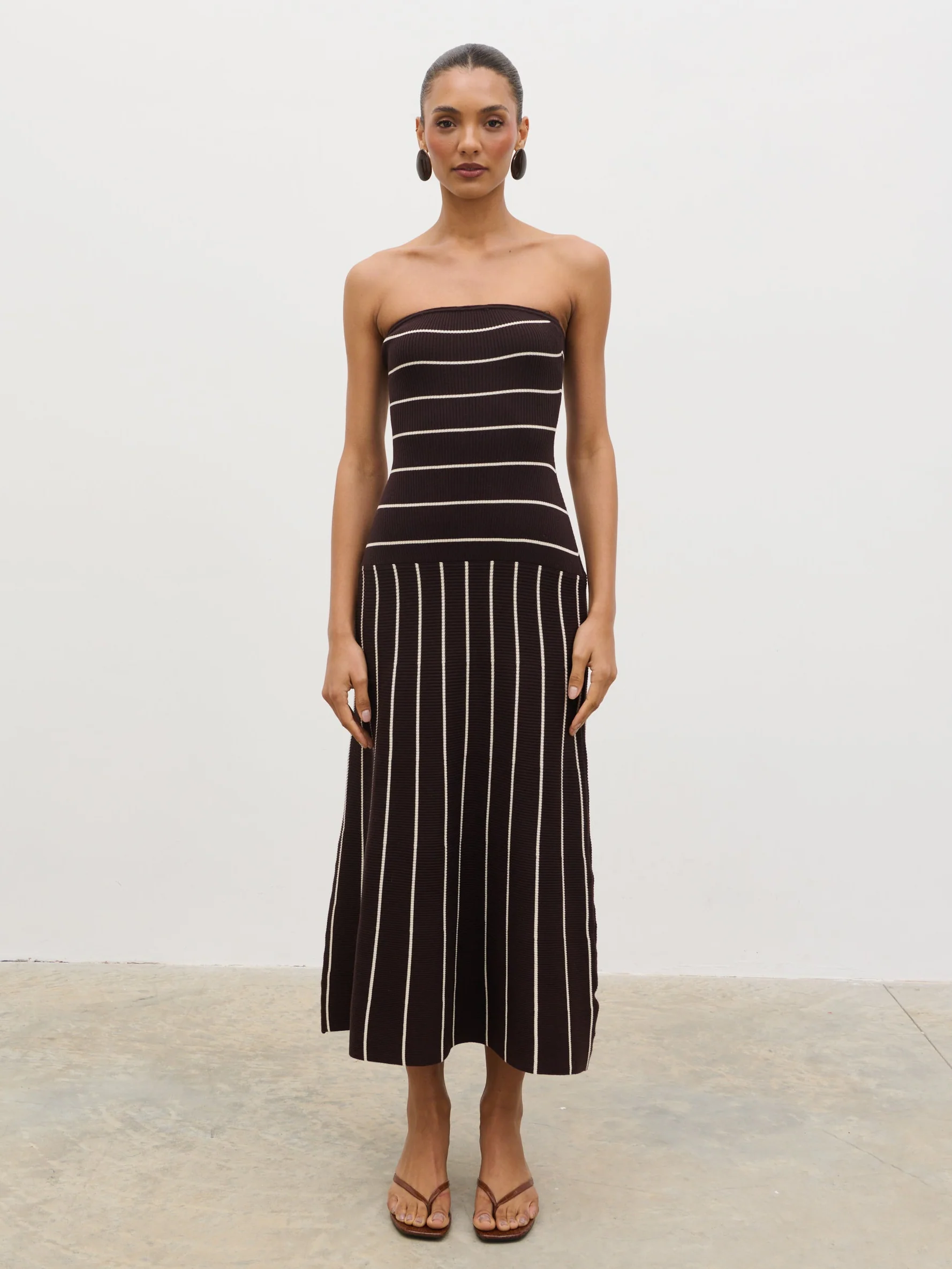 Pixie Bandeau Stripe Knit Long Midaxi Dress - Brown - Image 6