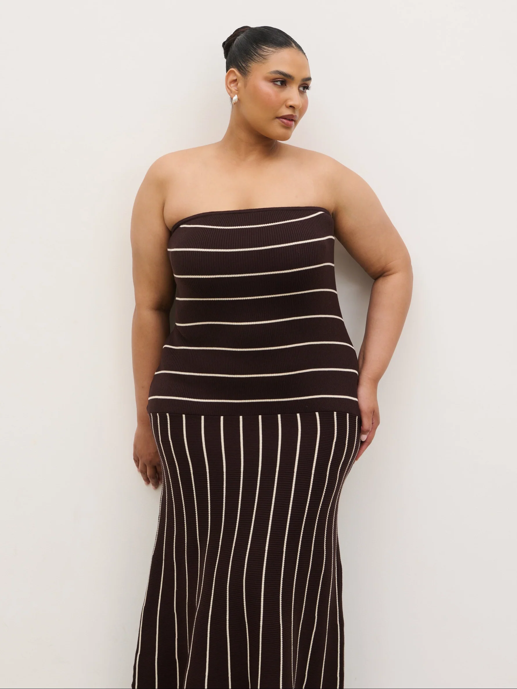 Pixie Bandeau Stripe Knit Long Midaxi Dress Curve - Brown - Image 2
