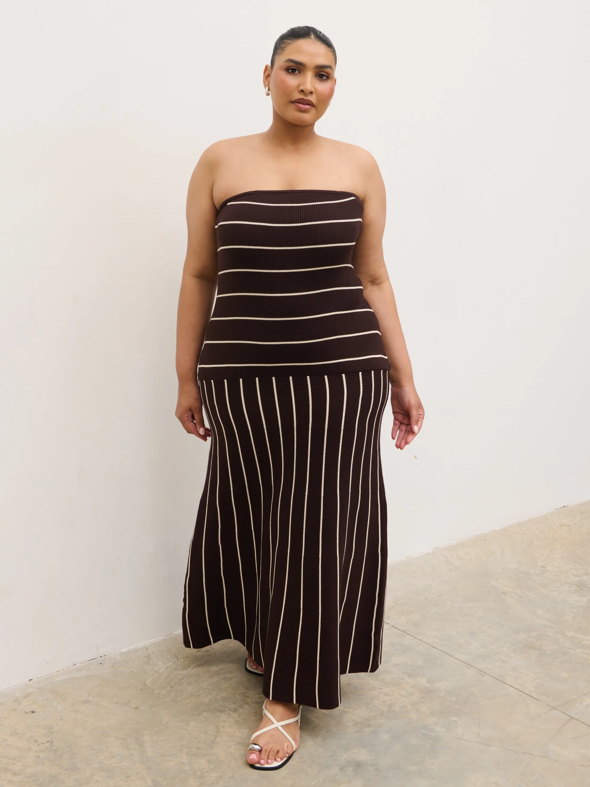 Pixie Bandeau Stripe Knit Long Midaxi Dress Curve - Brown - Image 3
