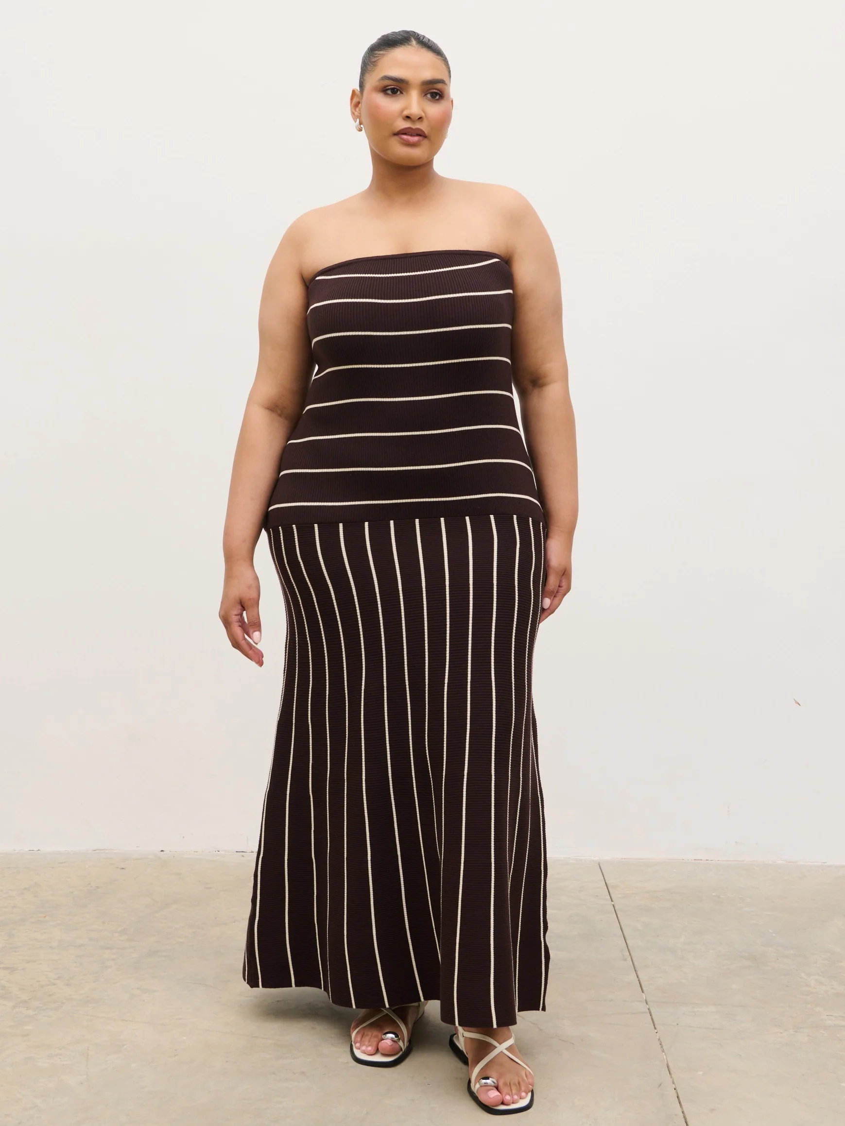Pixie Bandeau Stripe Knit Long Midaxi Dress Curve - Brown - Image 6
