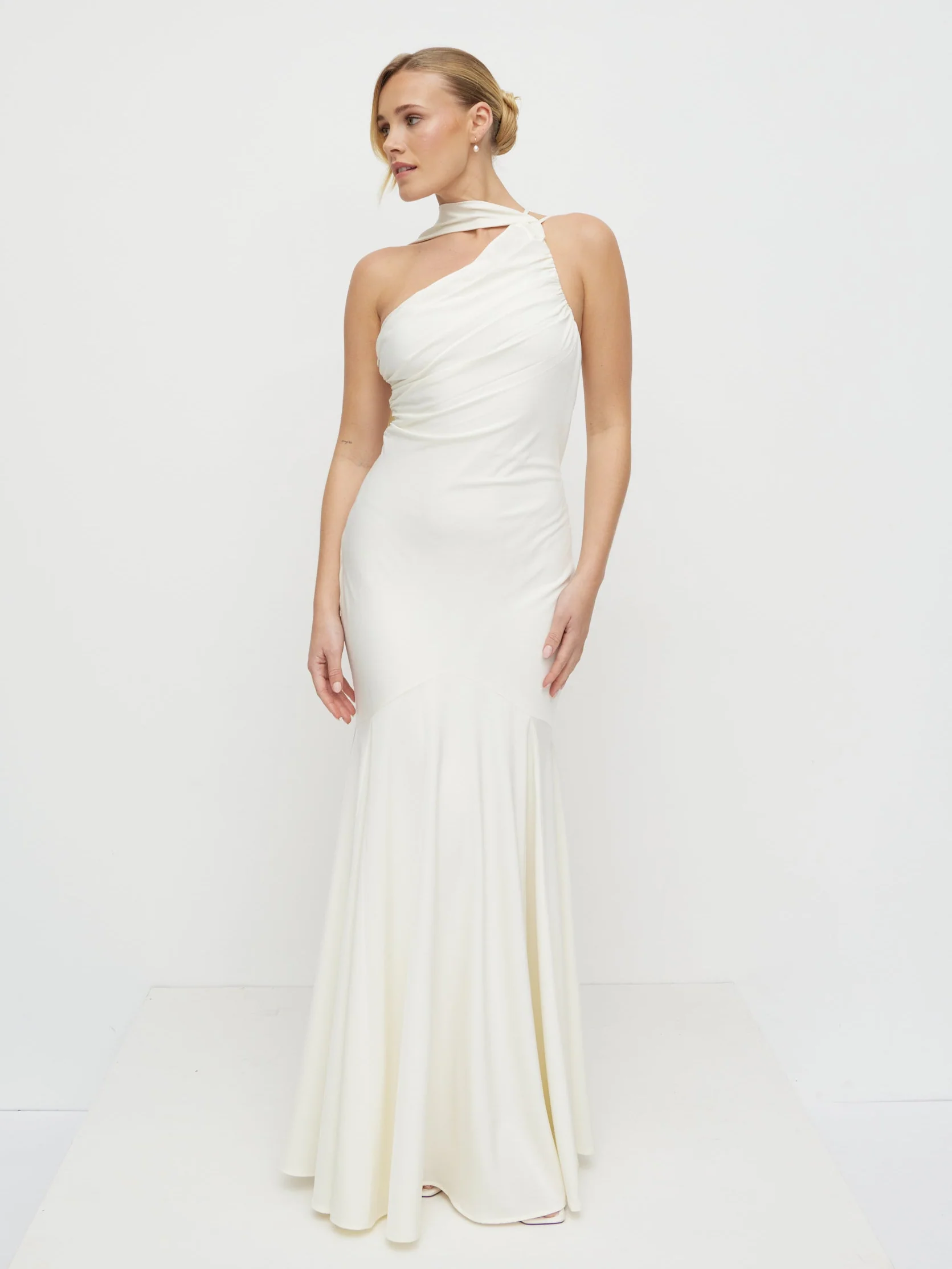 Porto One Shoulder Godet Maxi Dress - Ivory - Image 6
