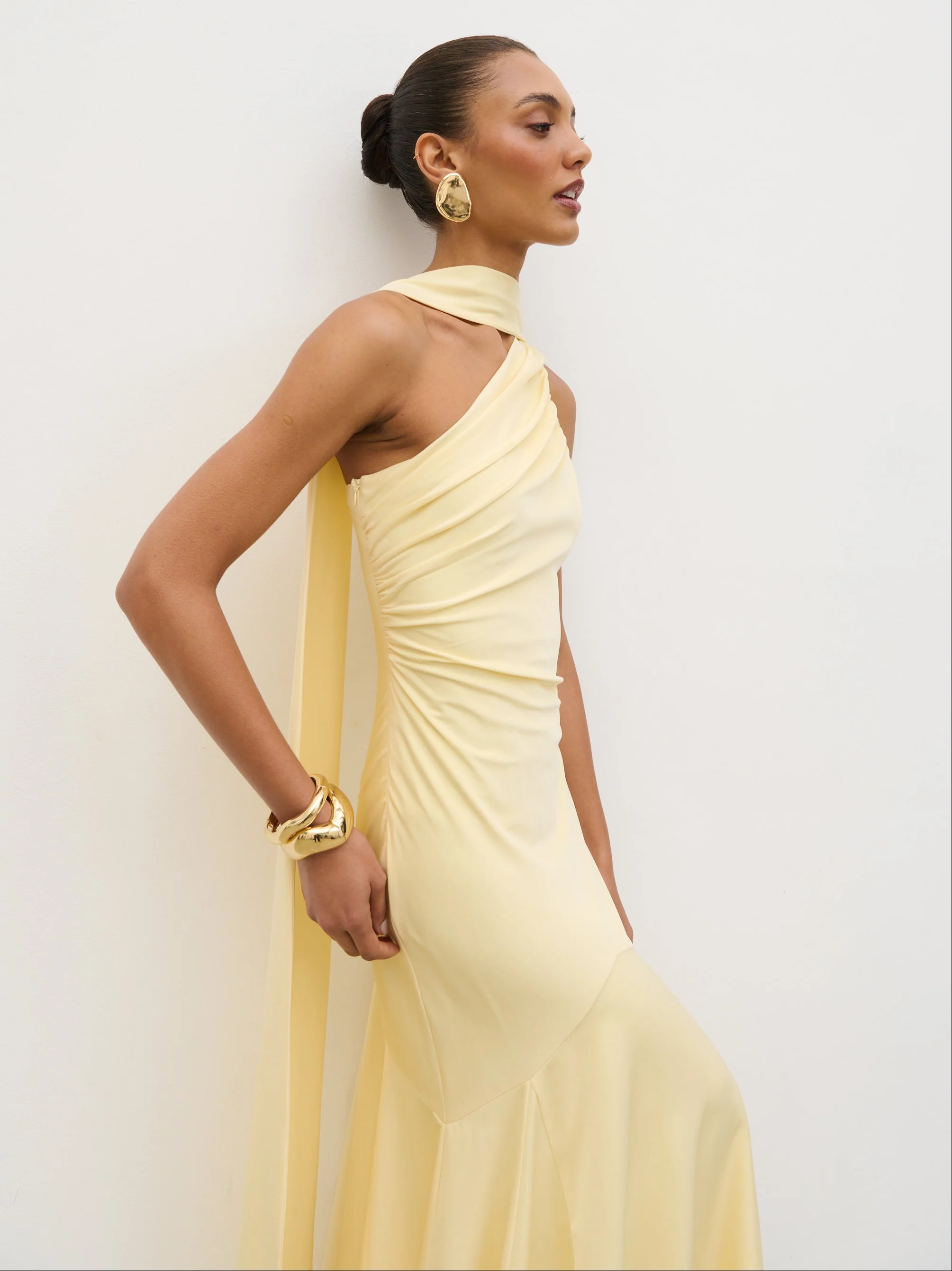Porto One Shoulder Godet Maxi Dress - Lemon - Image 3