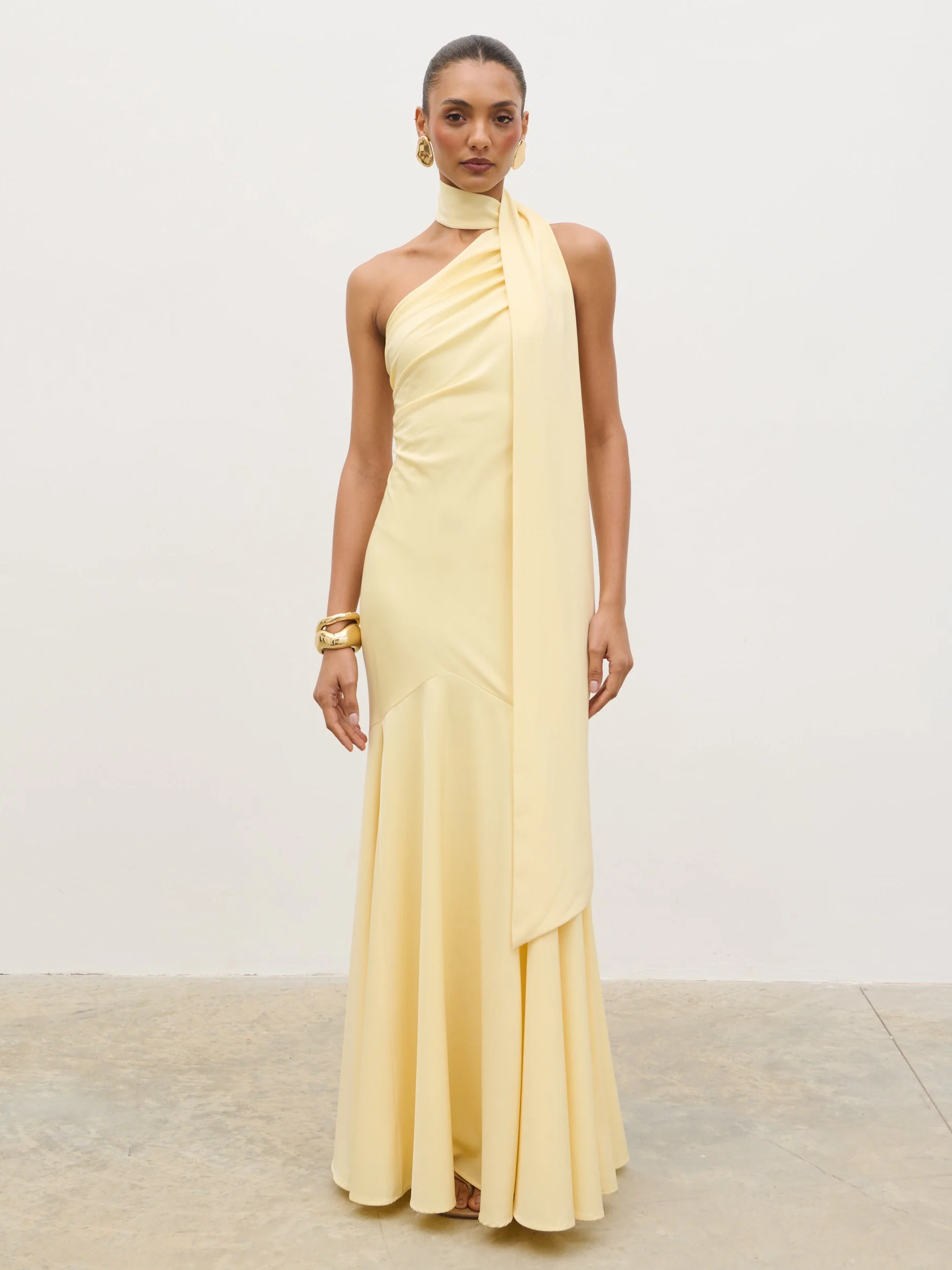 Porto One Shoulder Godet Maxi Dress - Lemon - Image 4