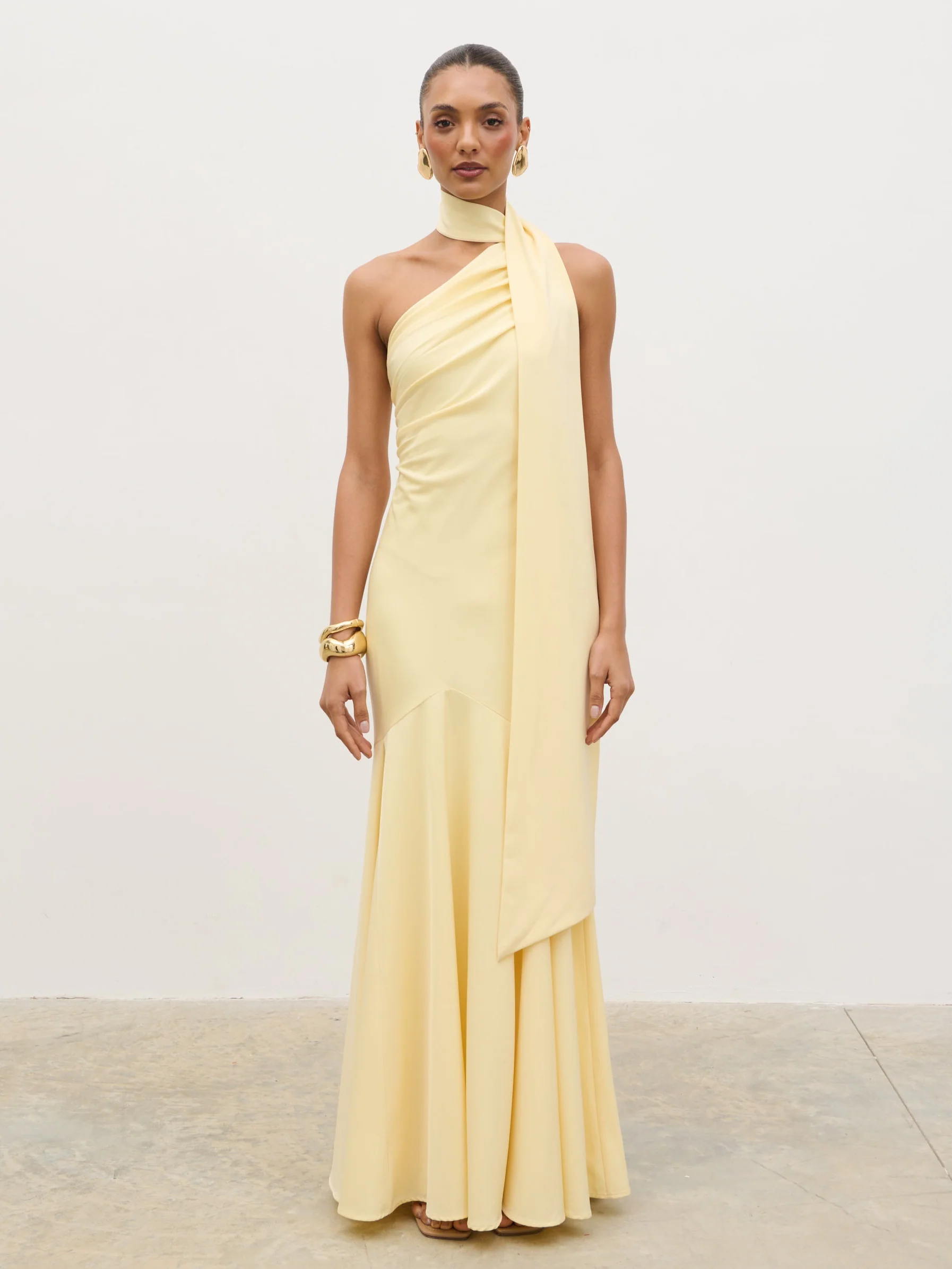 Porto One Shoulder Godet Maxi Dress - Lemon - Image 8