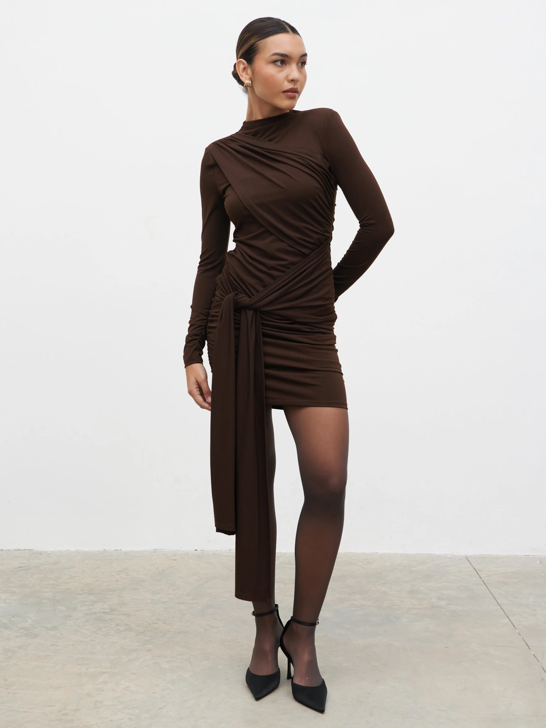 Raya Drape Jersey Mini Dress - Brown - Image 3