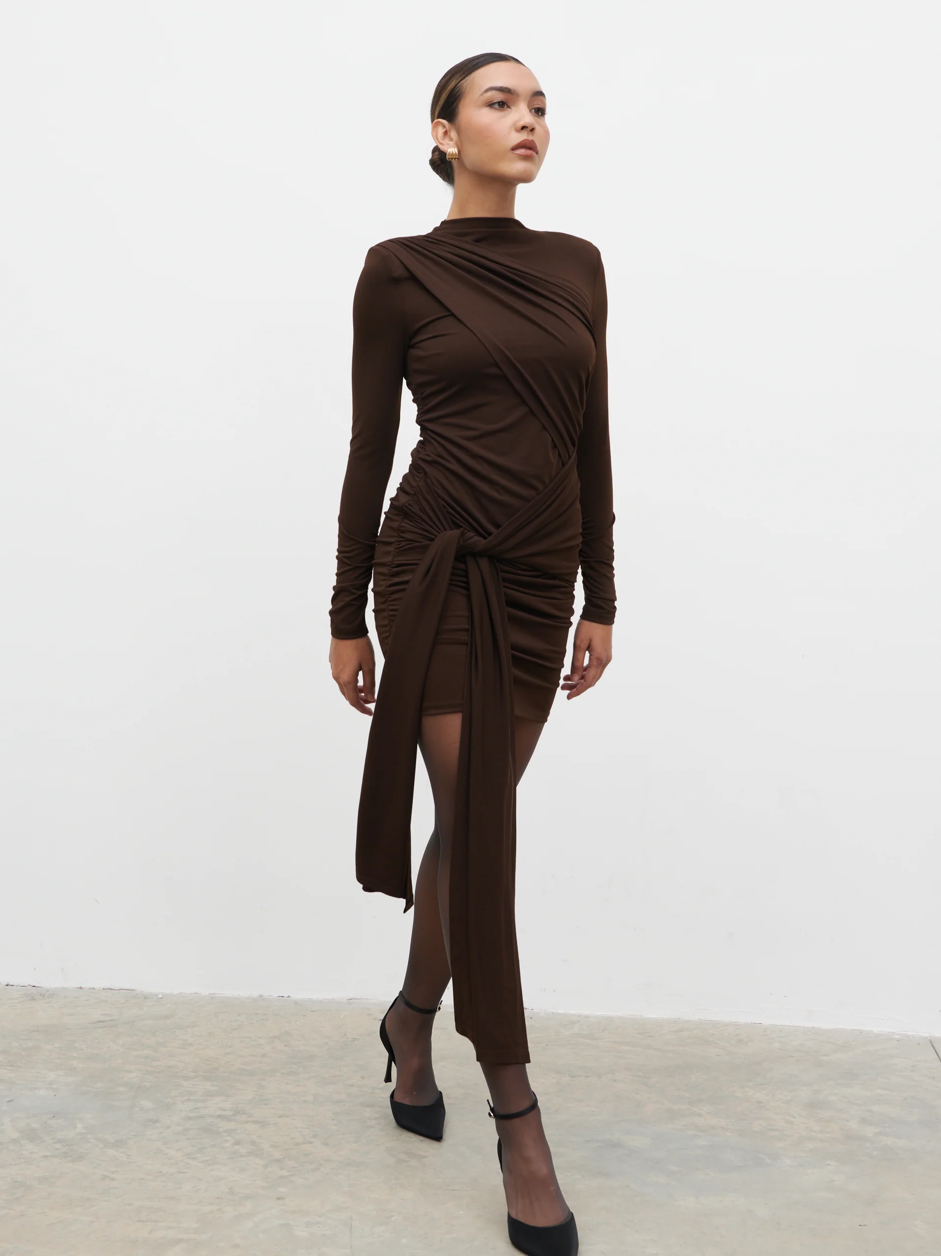 Raya Drape Jersey Mini Dress - Brown - Image 5
