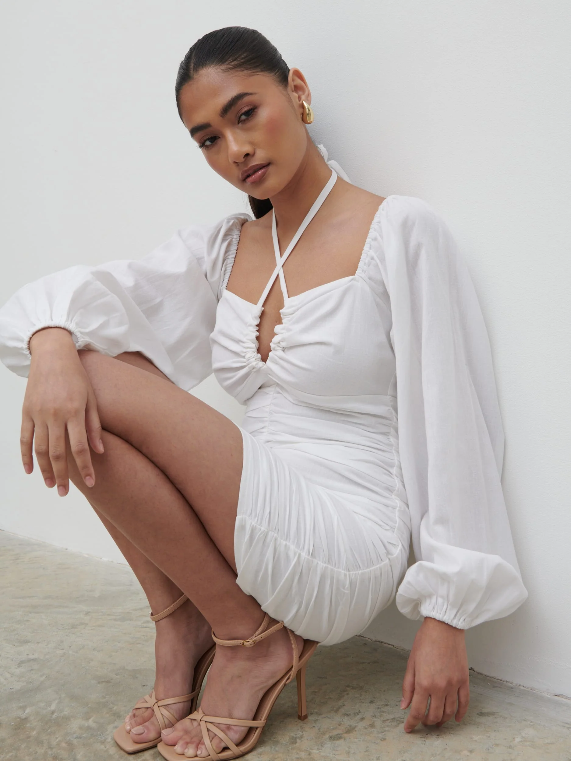 Renna Ruched Front Mini Dress - Natural - Image 2