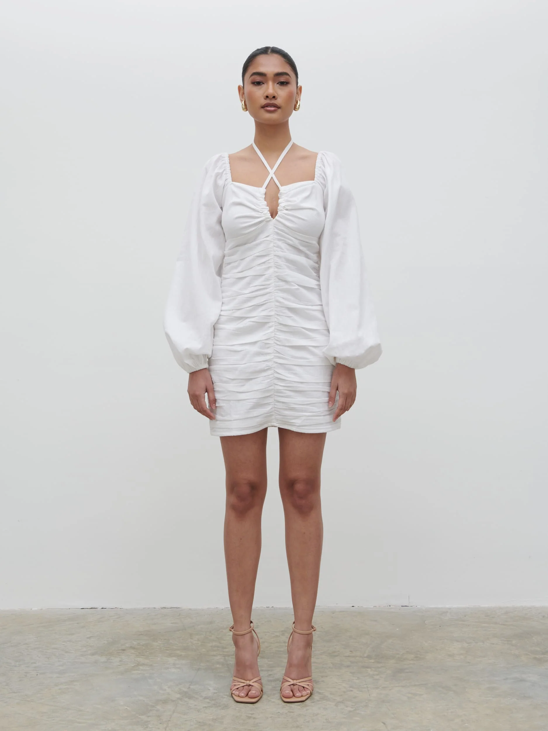 Renna Ruched Front Mini Dress - Natural - Image 5