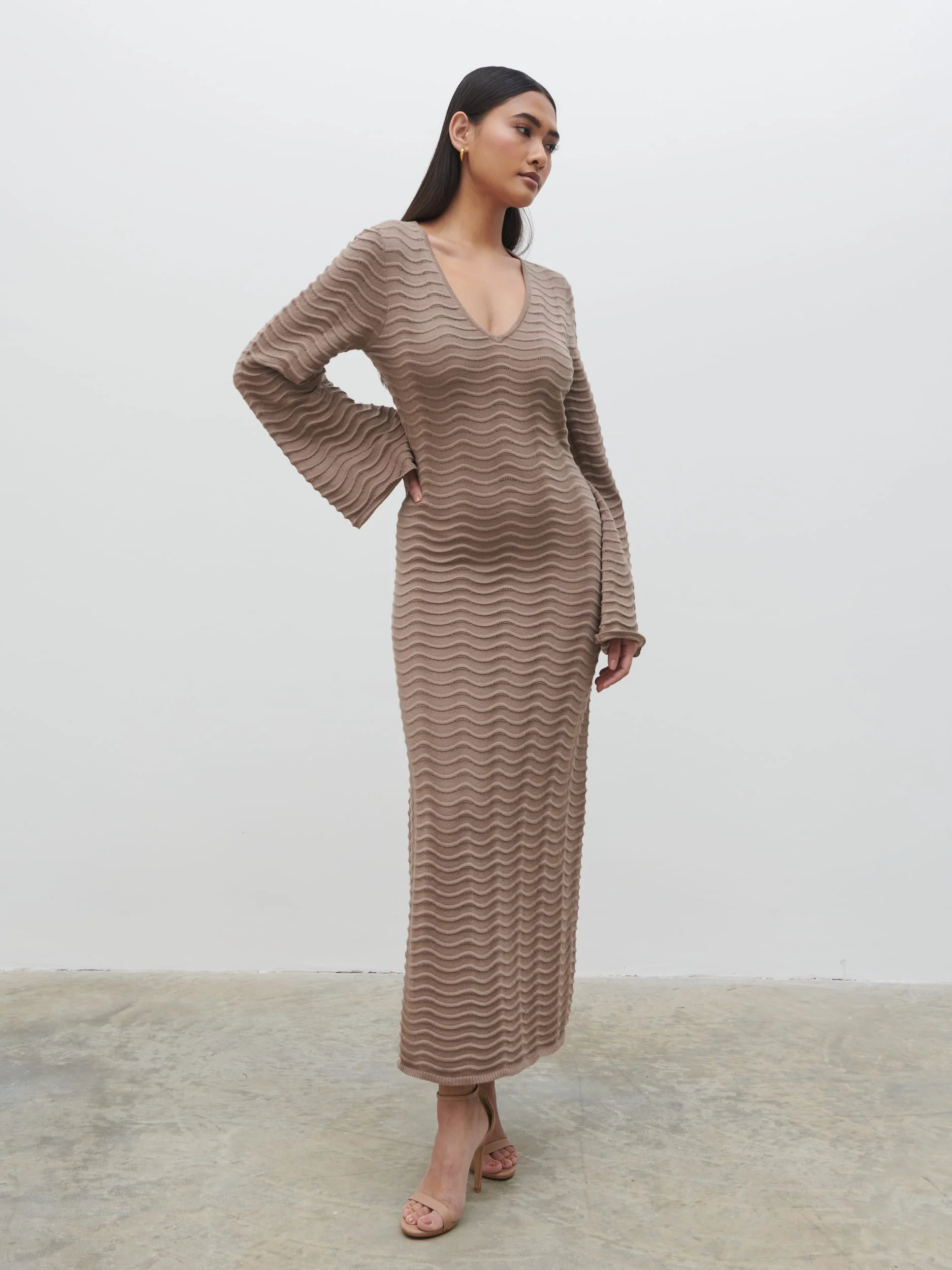Rhi V Neck Knit Midaxi Dress - Stone - Image 3