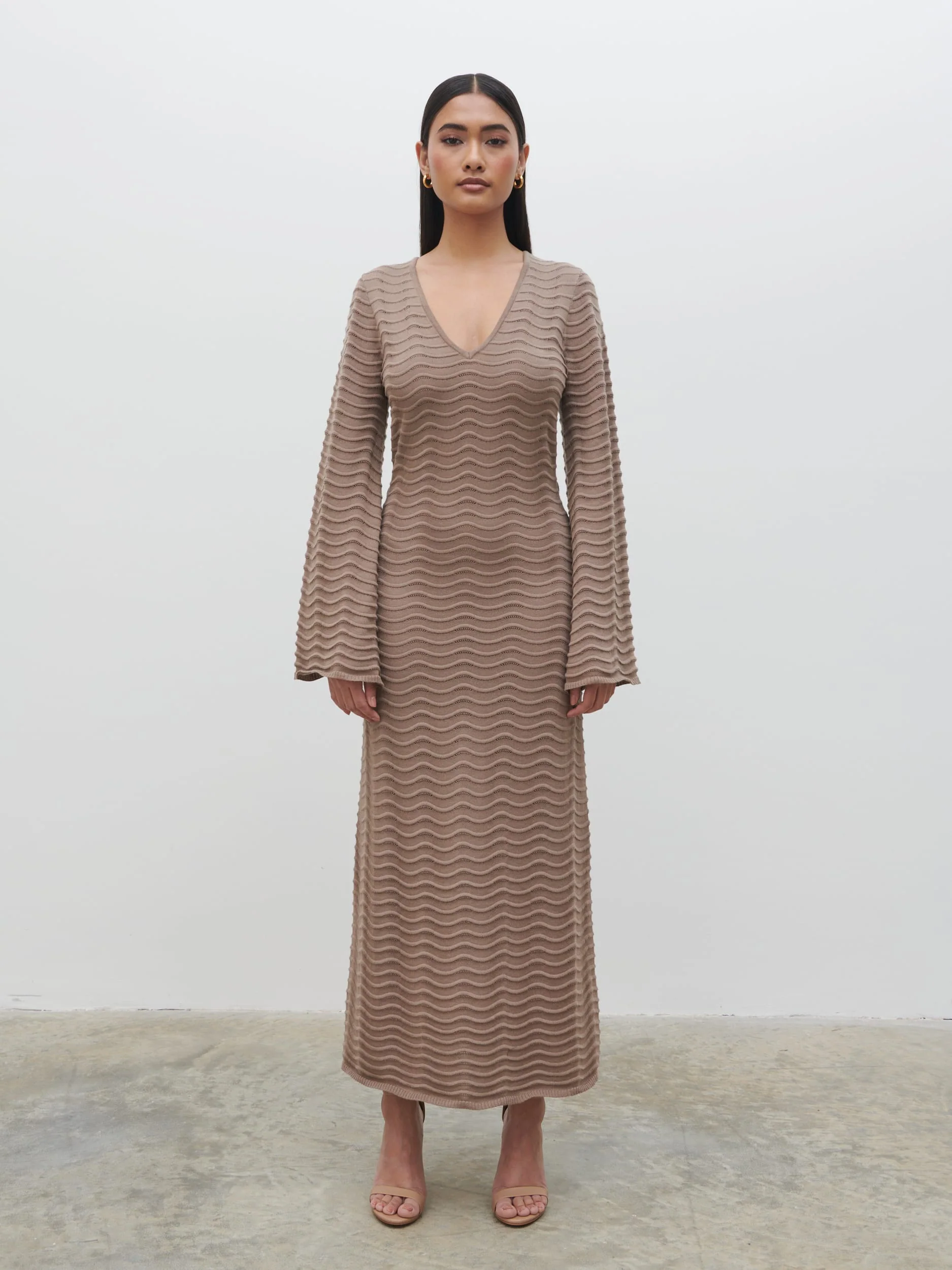 Rhi V Neck Knit Midaxi Dress - Stone - Image 6