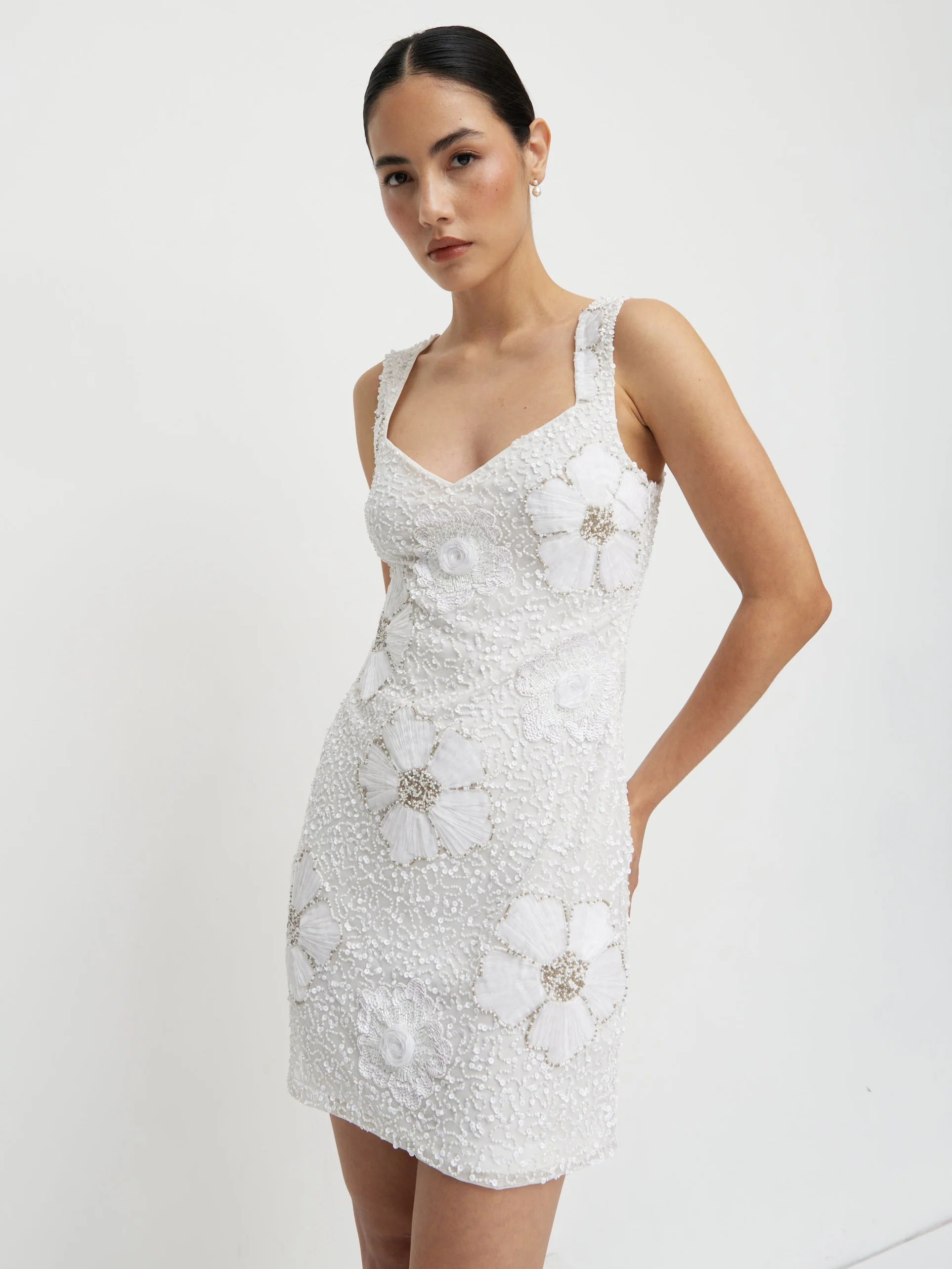 Rhodes Floral Embellished Mini Dress - Ivory - Image 4