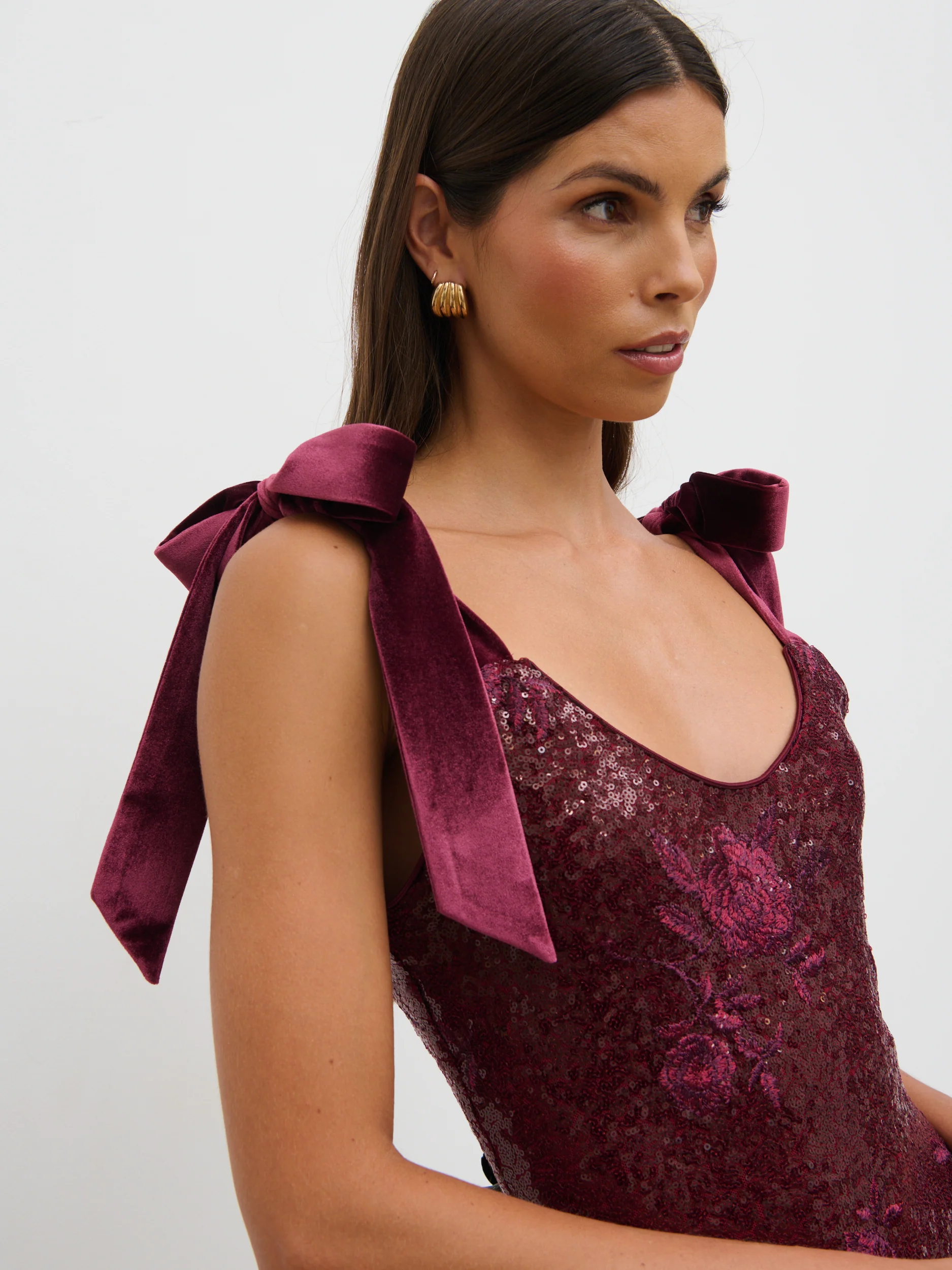 Romy Tie Sequin Midaxi Dress - Wine Floral Sequin - Image 2