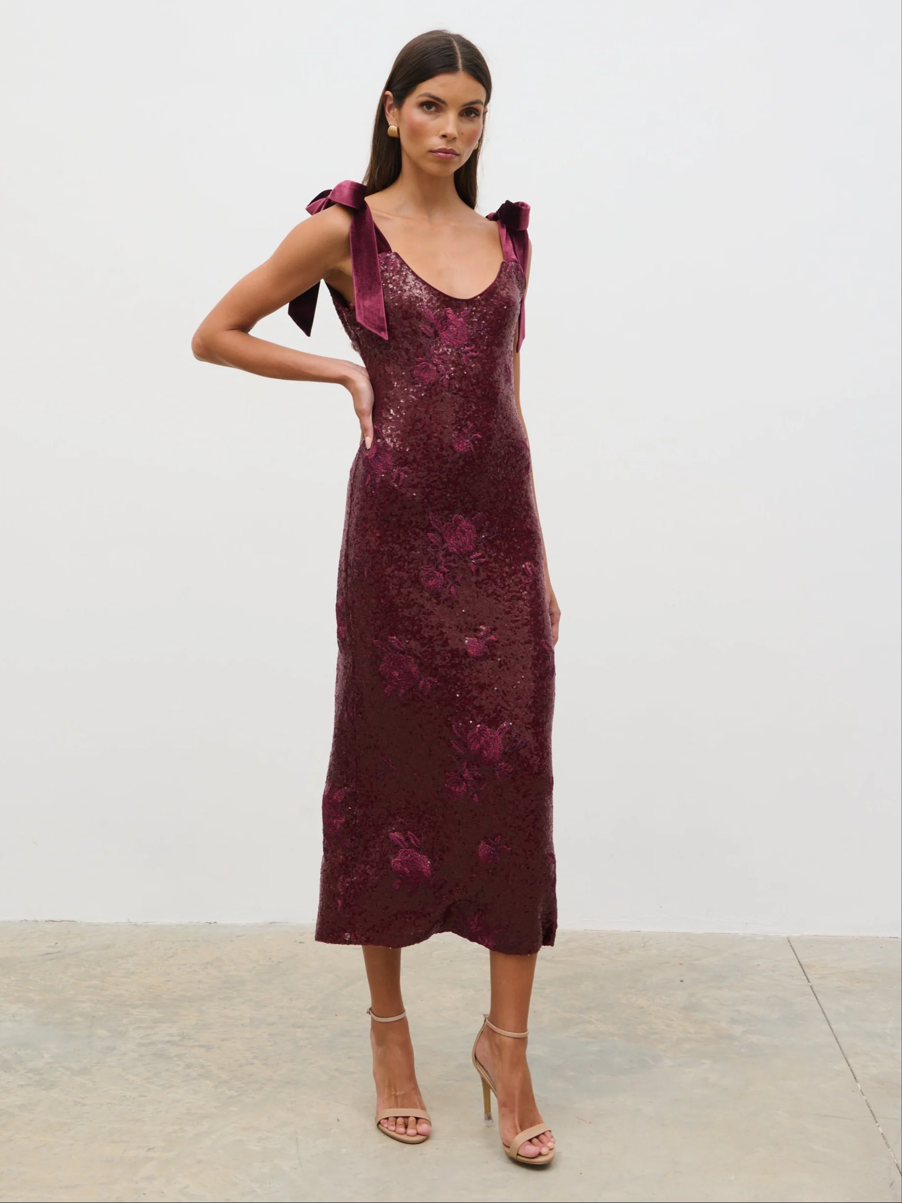 Romy Tie Sequin Midaxi Dress - Wine Floral Sequin - Image 3