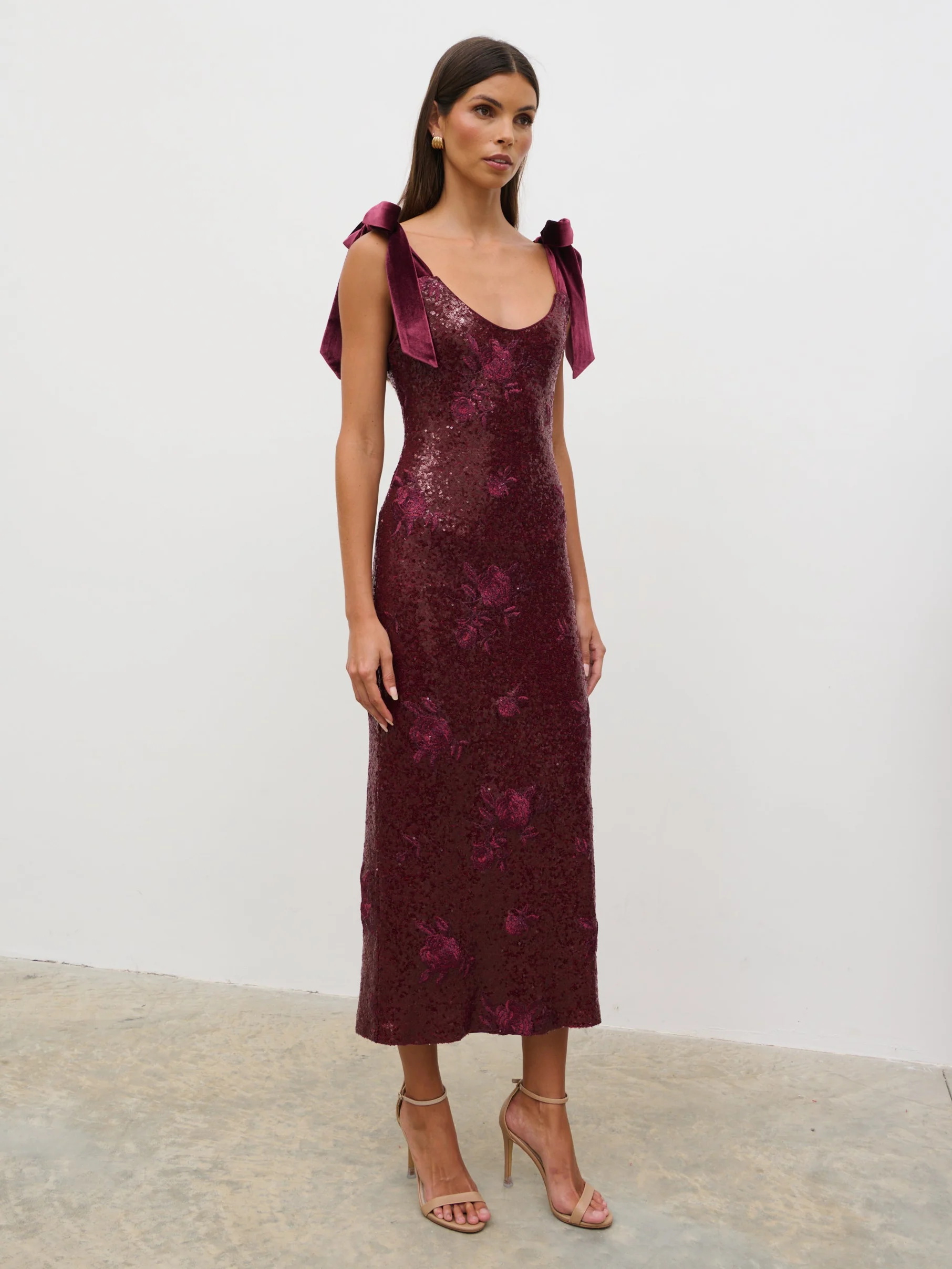 Romy Tie Sequin Midaxi Dress - Wine Floral Sequin - Image 5