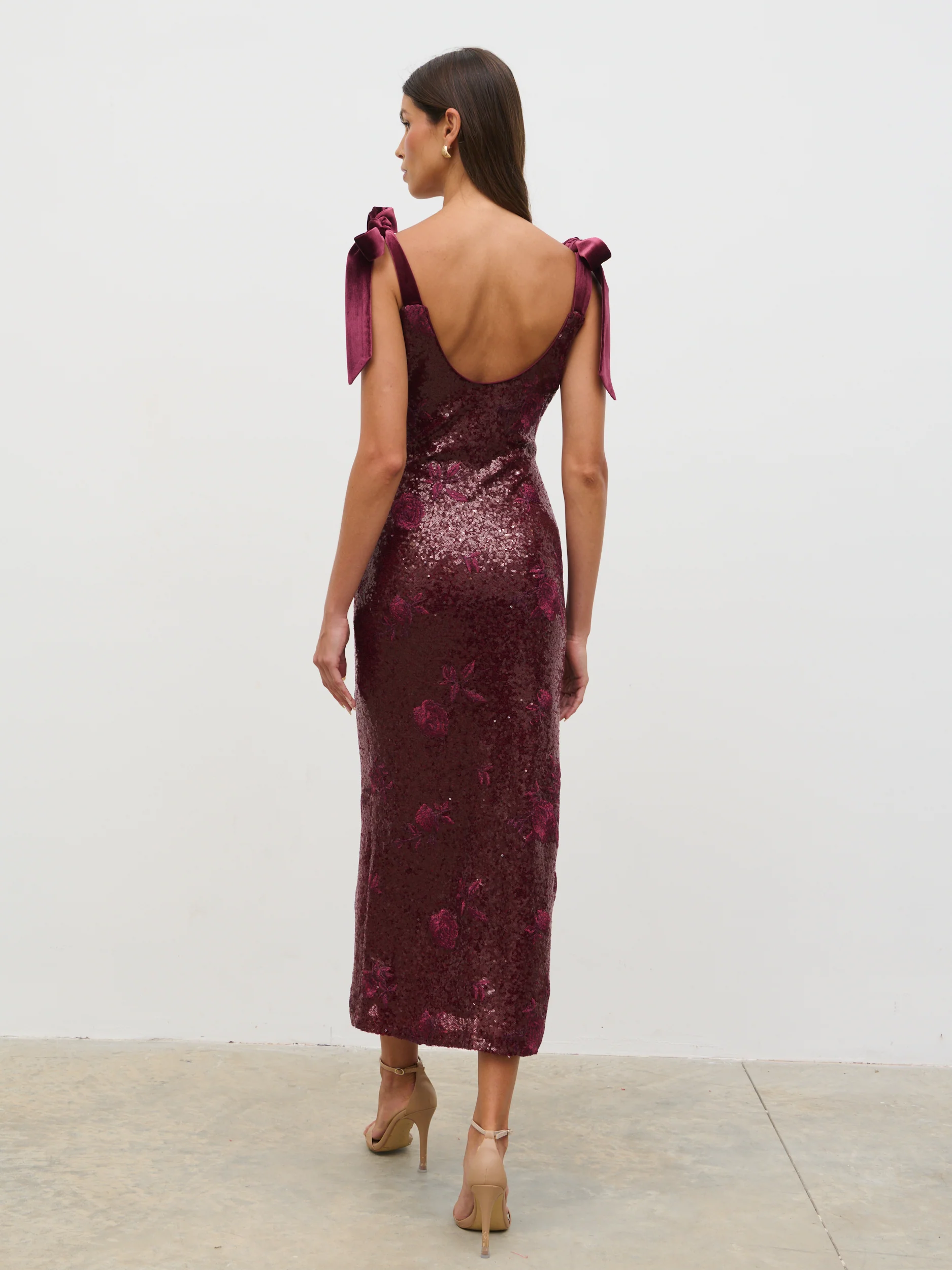 Romy Tie Sequin Midaxi Dress - Wine Floral Sequin - Image 6