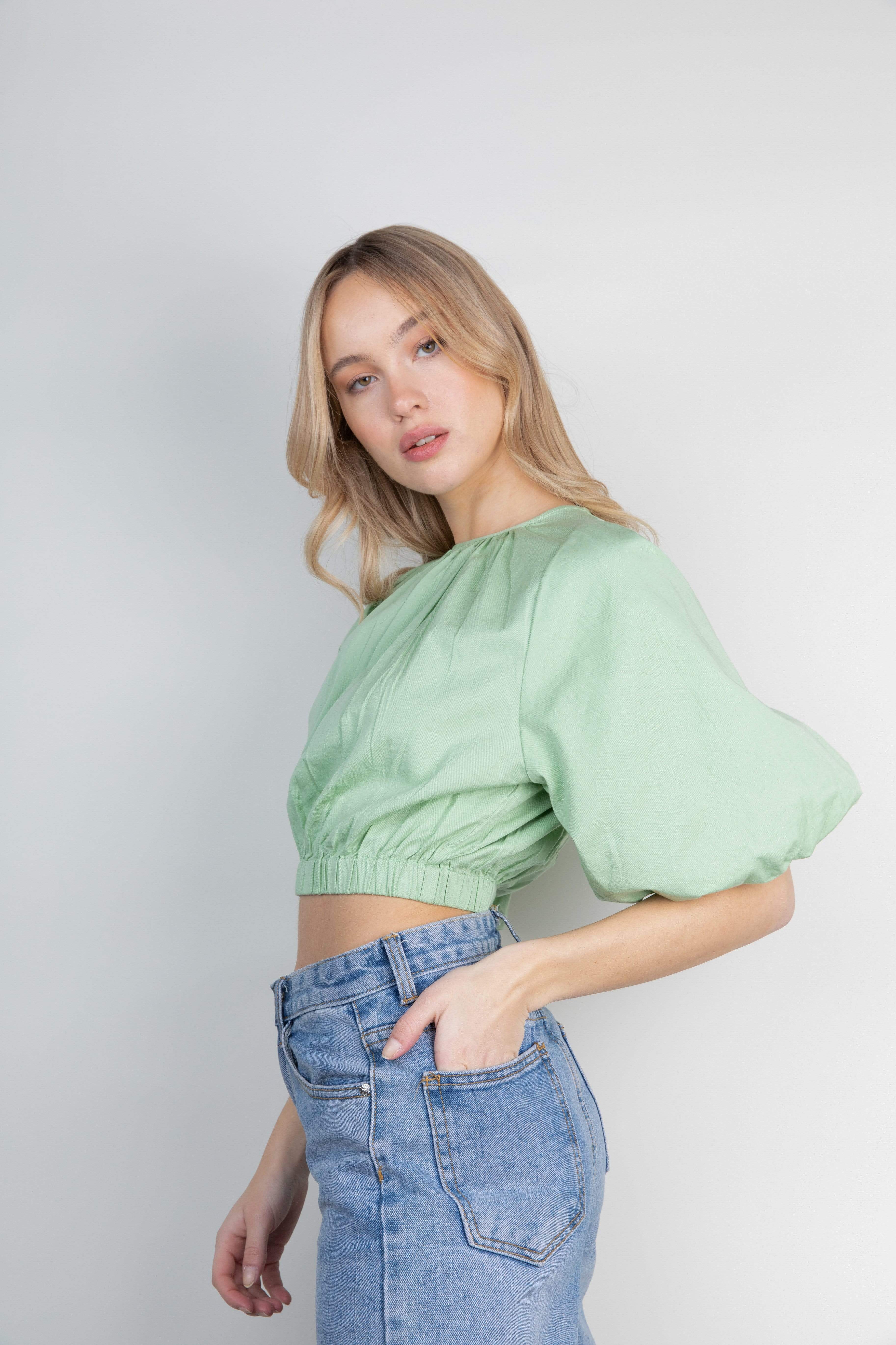 Ruby Puff Sleeve Blouse - Pastel Green - Image 2