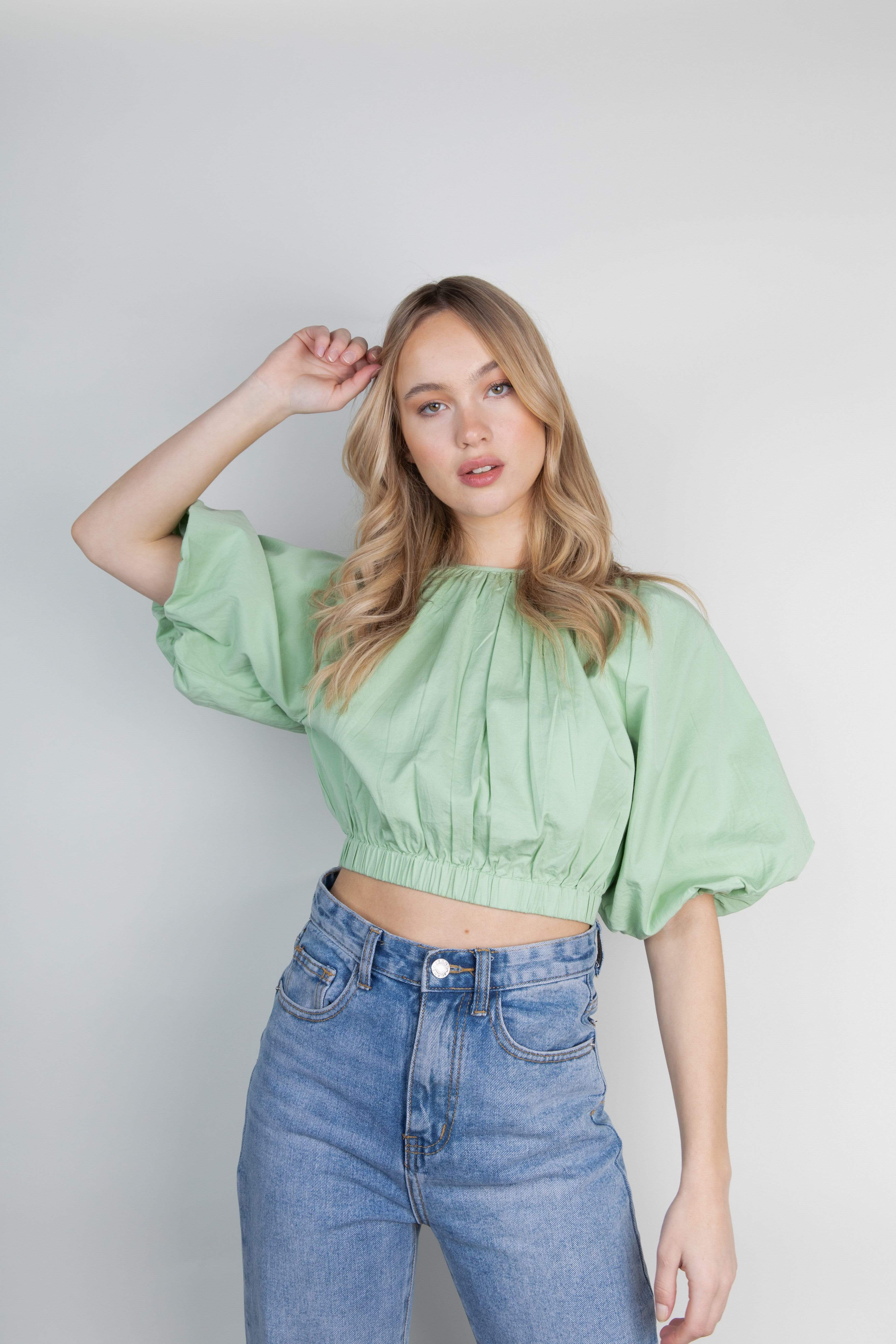 Ruby Puff Sleeve Blouse - Pastel Green - Image 5