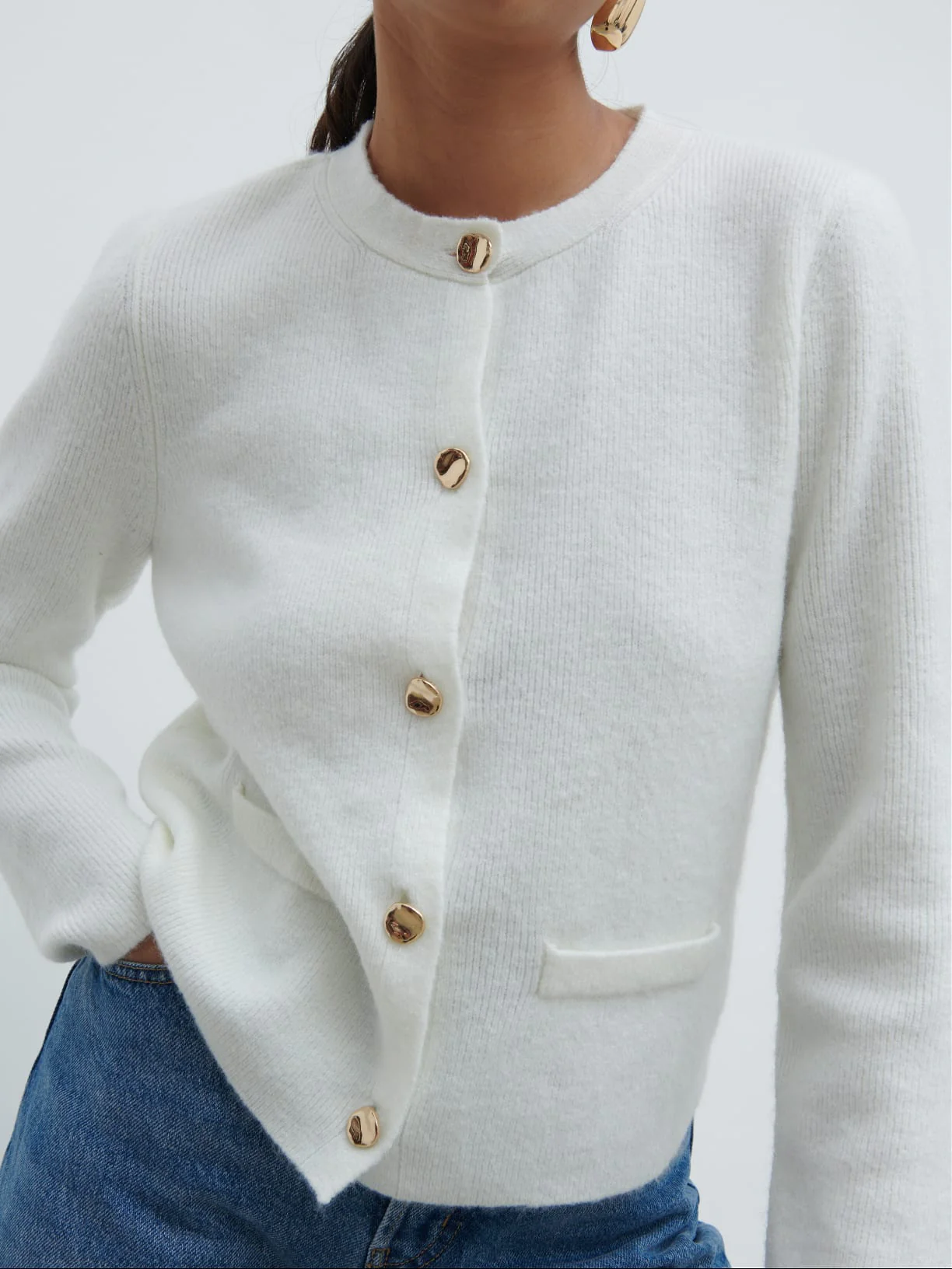 Sabrina Gold Button Knit Cardigan - Ecru - Image 3