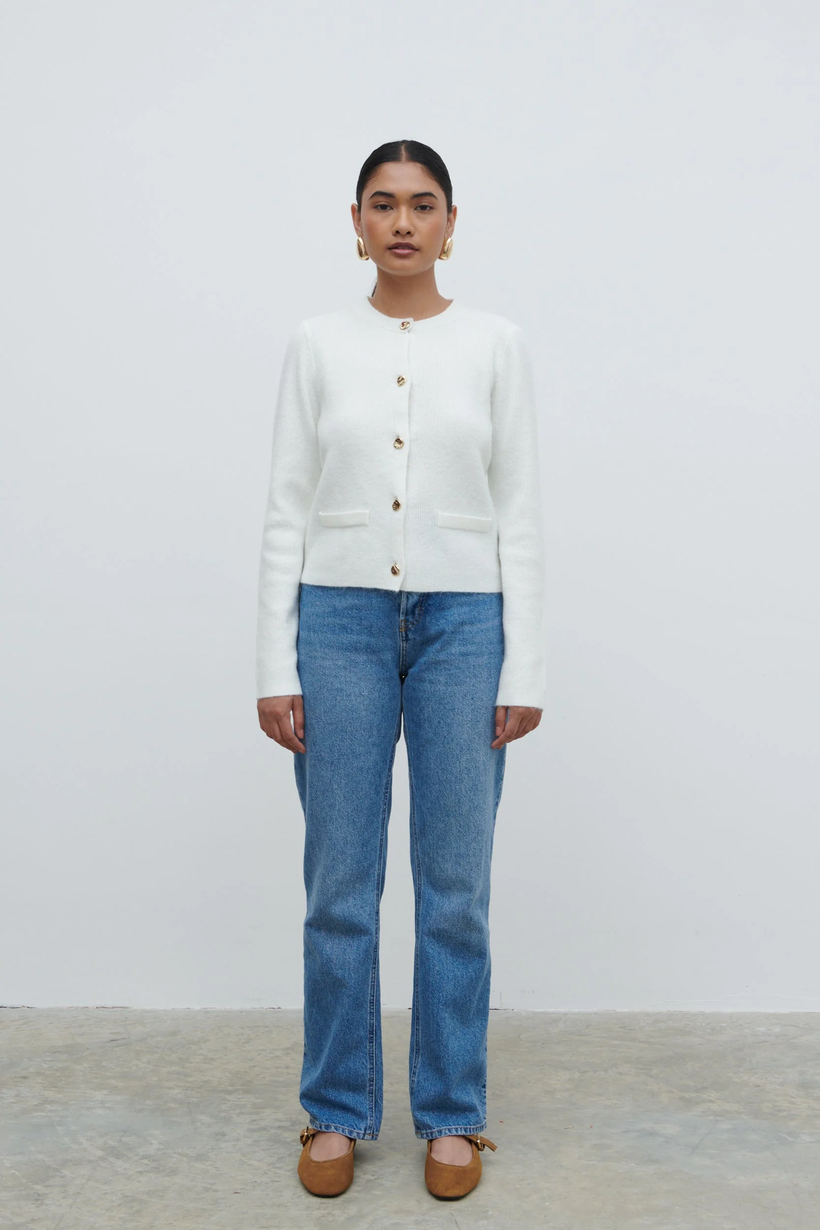 Sabrina Gold Button Knit Cardigan - Ecru - Image 6
