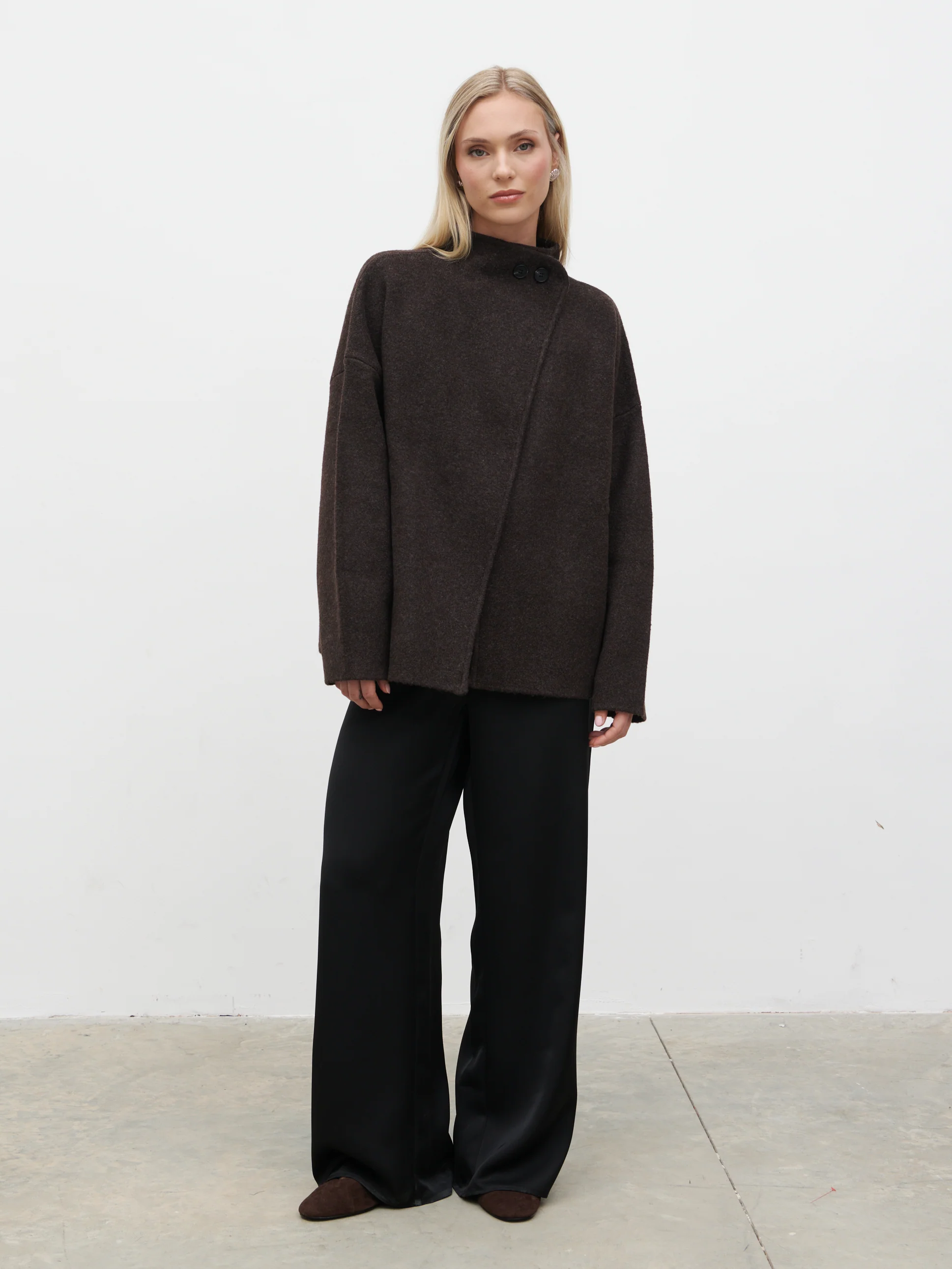 Sarlina Crossover Knit Cardigan With Button Neck - Chocolate Brown - Image 2