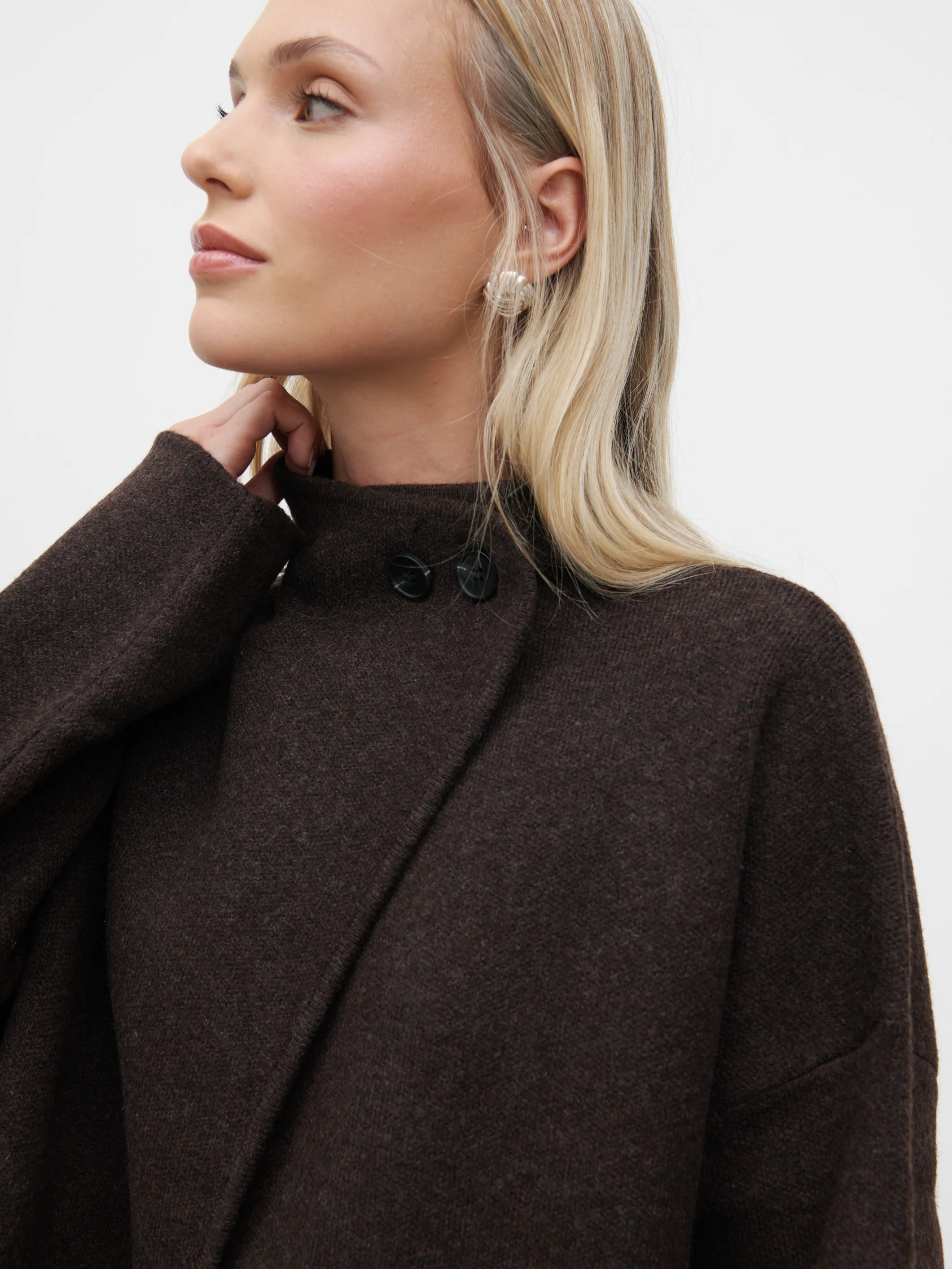Sarlina Crossover Knit Cardigan With Button Neck - Chocolate Brown - Image 3