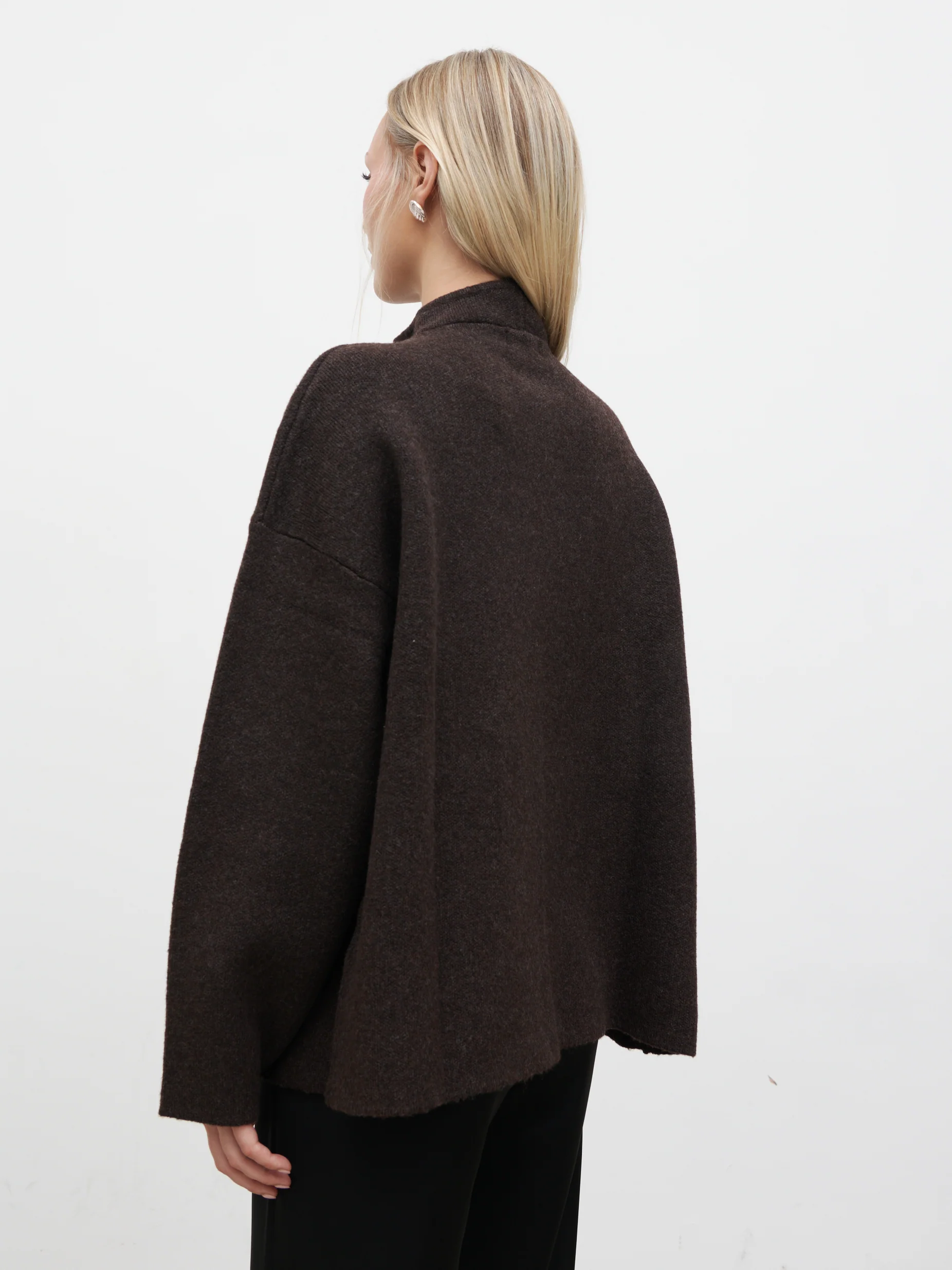 Sarlina Crossover Knit Cardigan With Button Neck - Chocolate Brown - Image 4