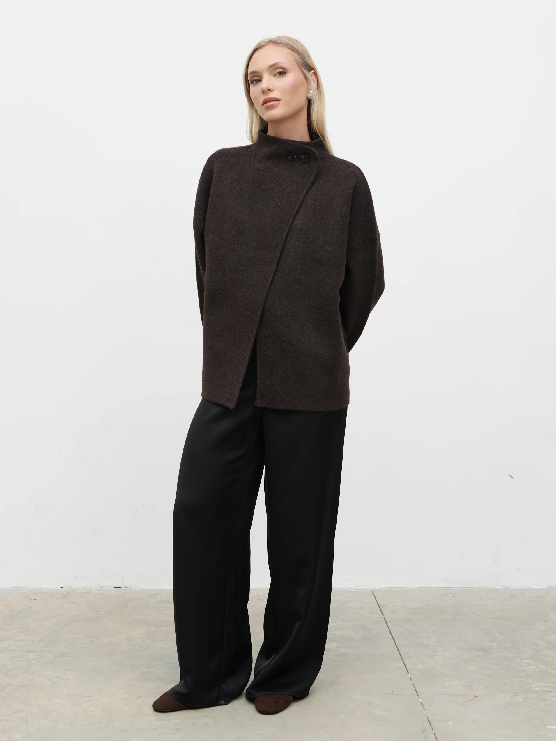 Sarlina Crossover Knit Cardigan With Button Neck - Chocolate Brown - Image 5