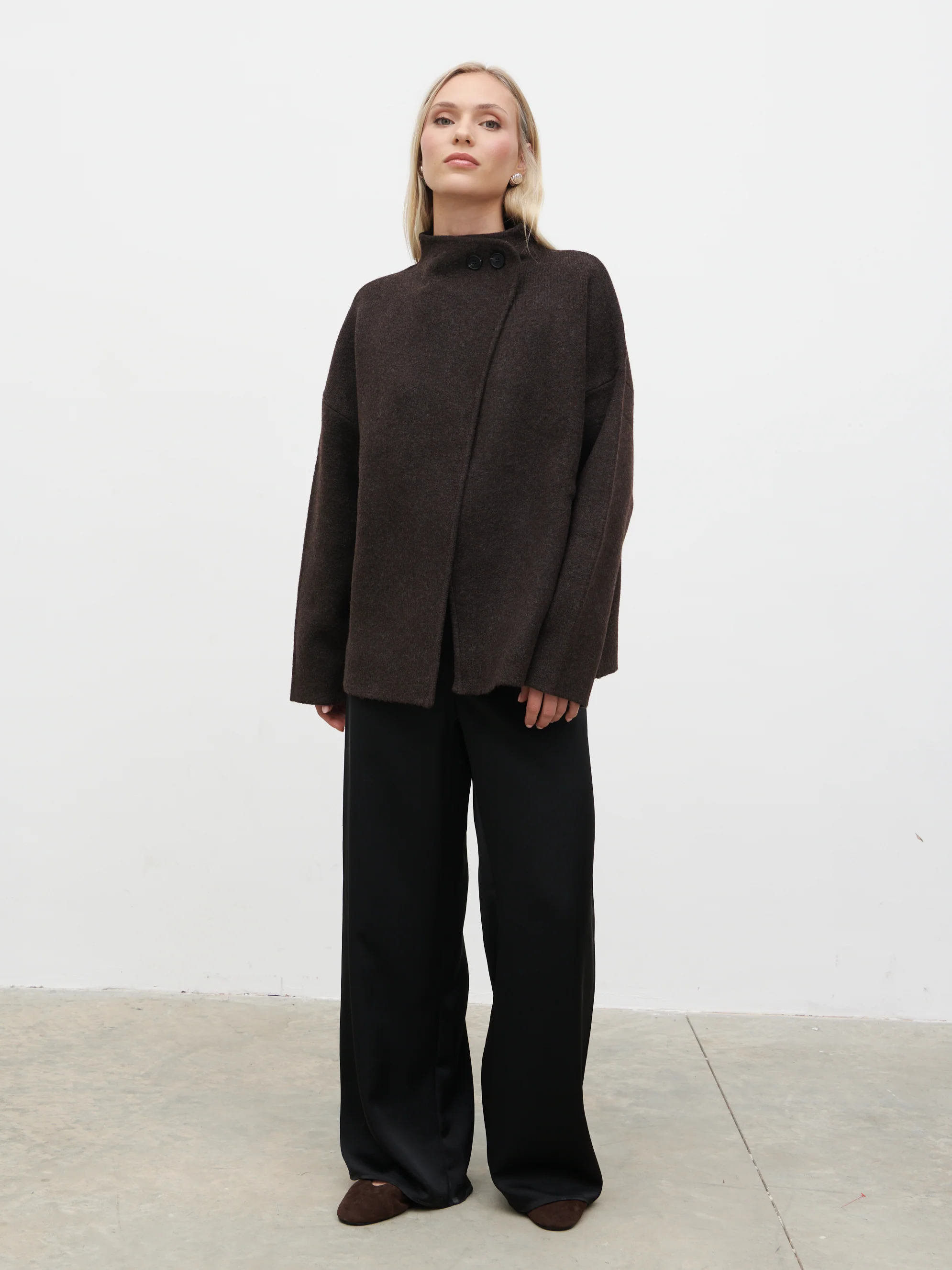 Sarlina Crossover Knit Cardigan With Button Neck - Chocolate Brown - Image 6