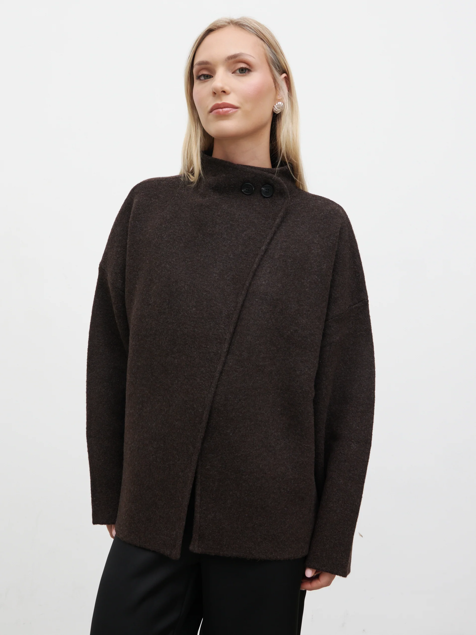 Sarlina Crossover Knit Cardigan With Button Neck - Chocolate Brown - Image 7