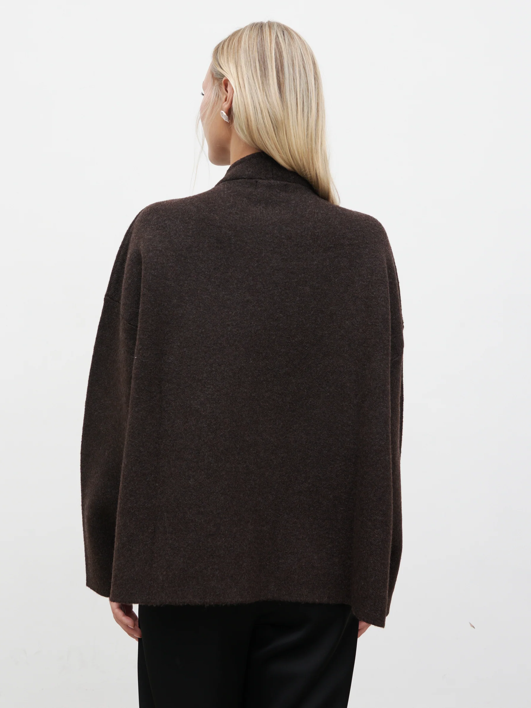 Sarlina Crossover Knit Cardigan With Button Neck - Chocolate Brown - Image 8