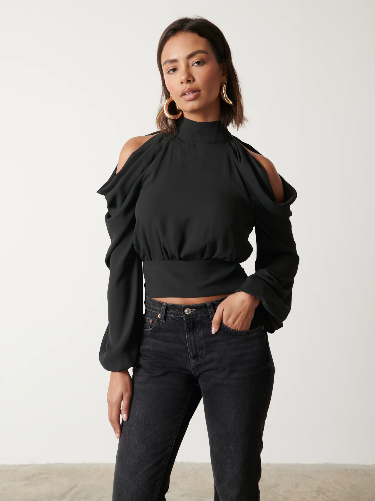 Selena Cold Shoulder Top - Black - Image 3