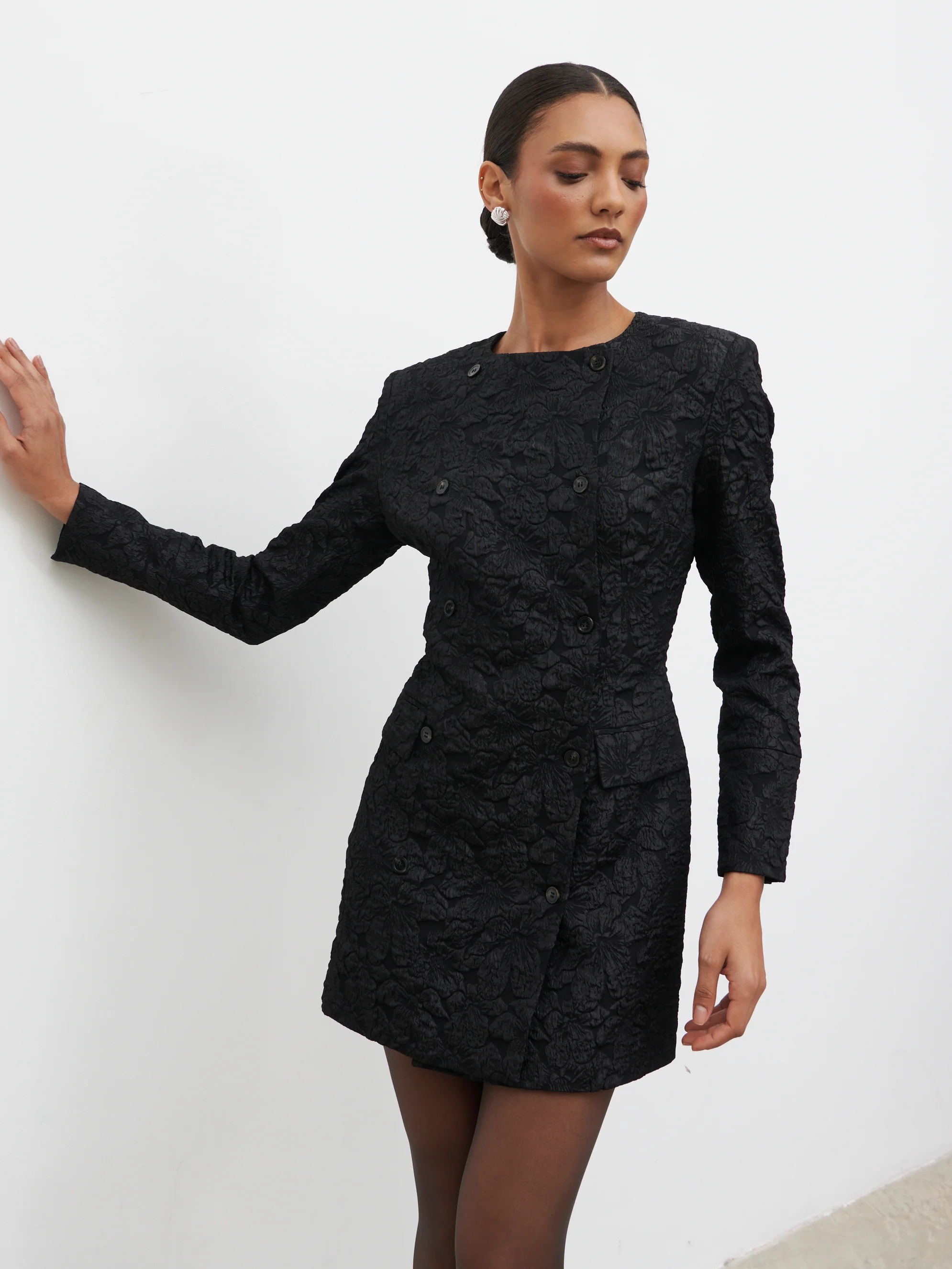 Serel Cinched Blazer Mini Dress - Black Jacquard - Image 3