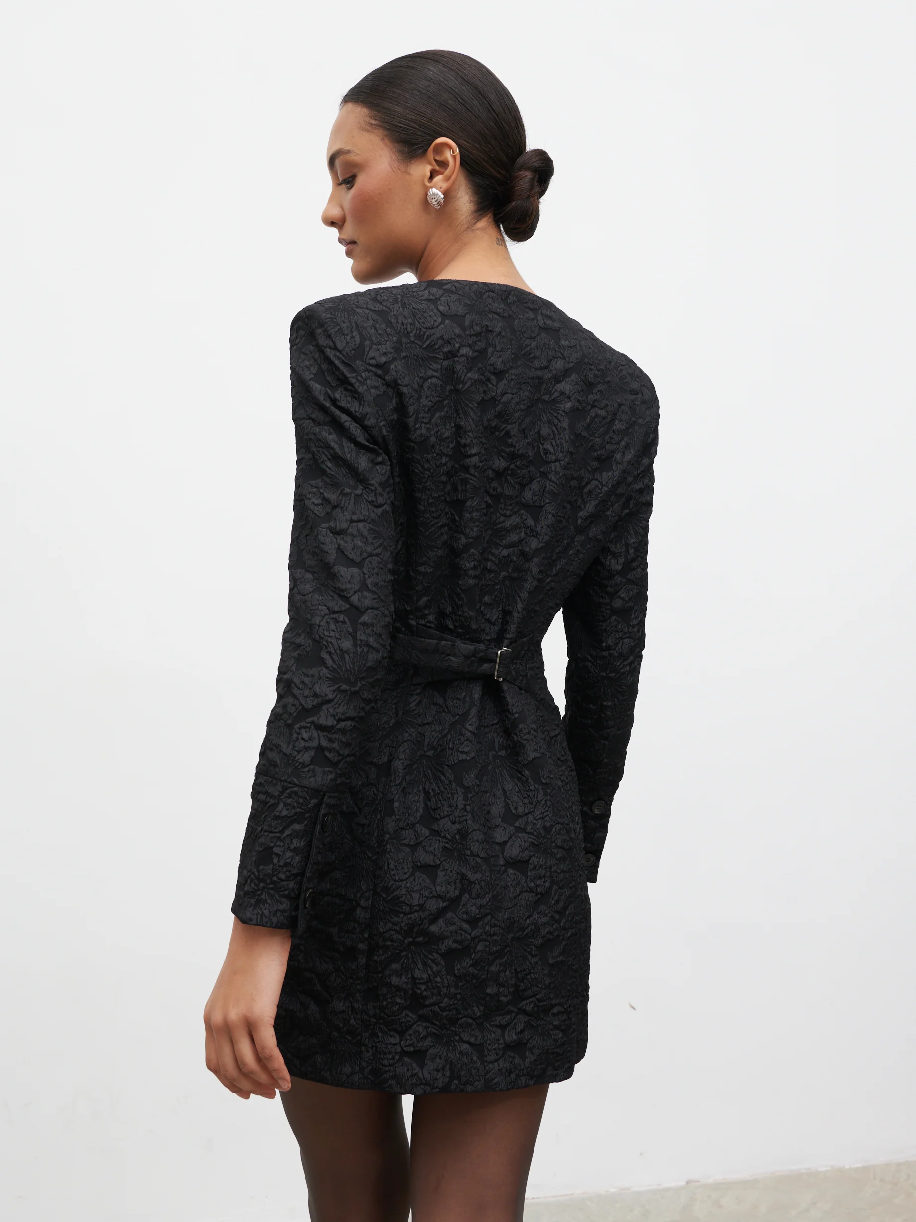 Serel Cinched Blazer Mini Dress - Black Jacquard - Image 8