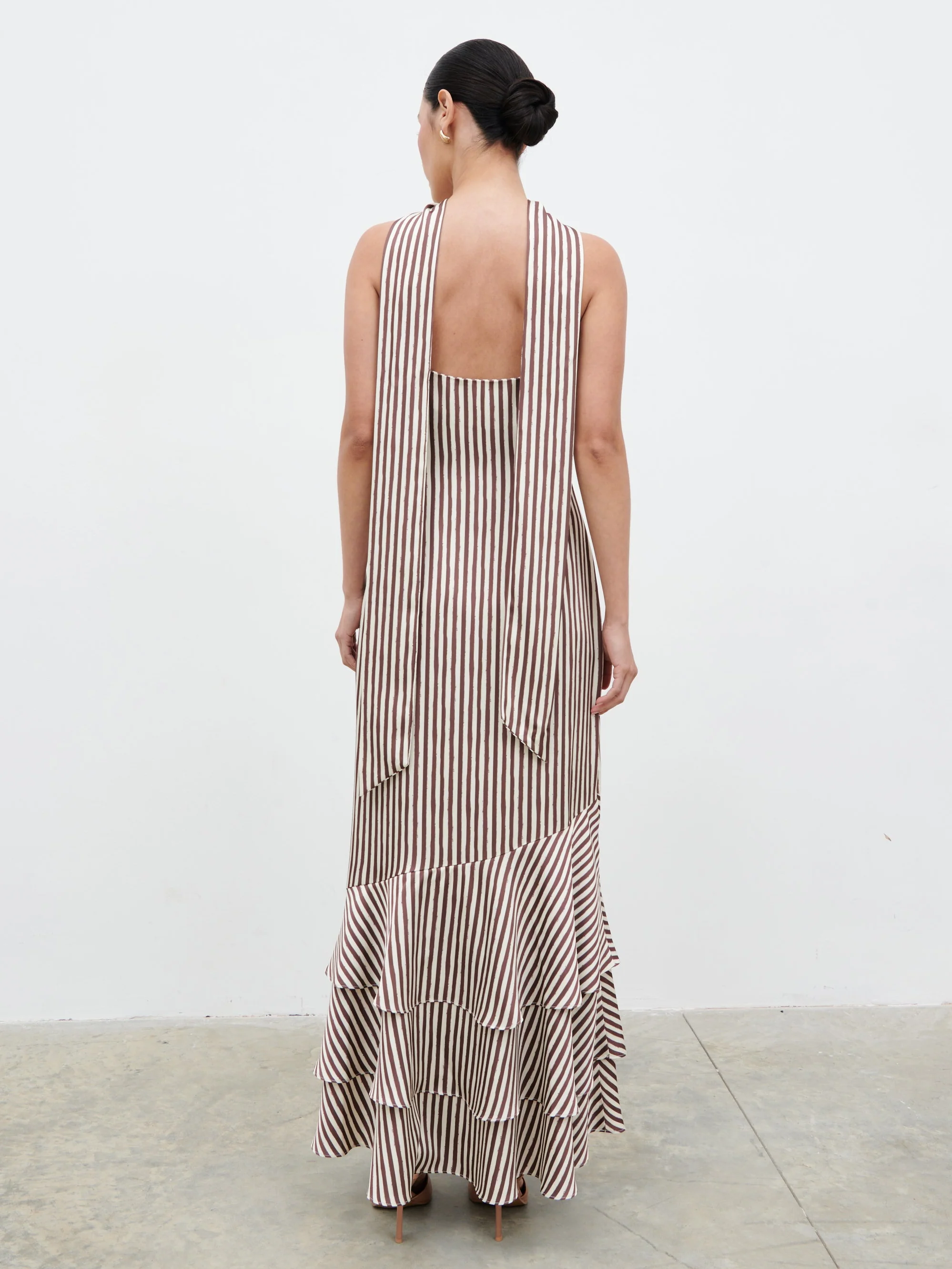 Serita V Neck Tiered Maxi Dress - Brown and Cream Stripe - Image 3