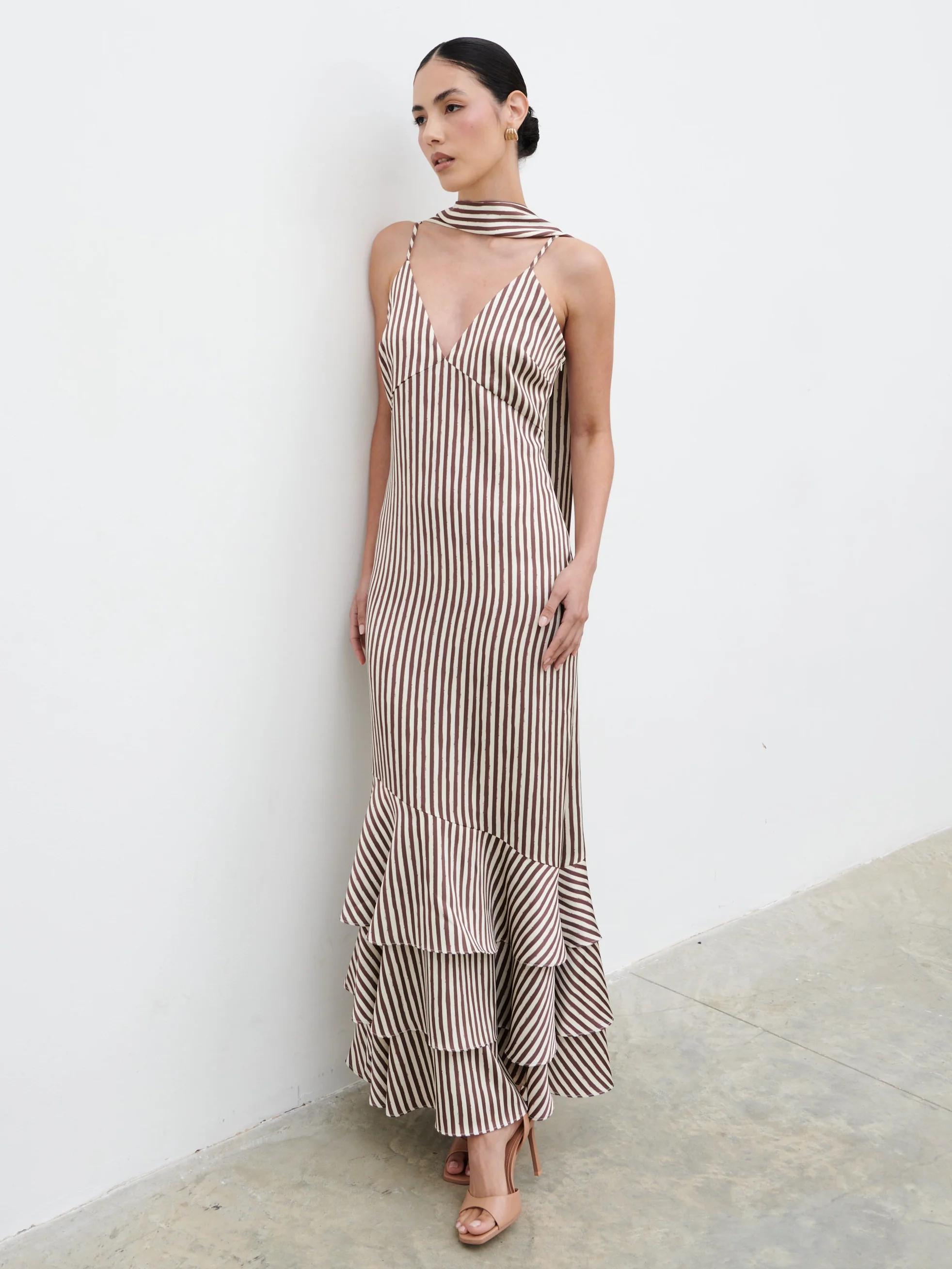 Serita V Neck Tiered Maxi Dress - Brown and Cream Stripe - Image 5
