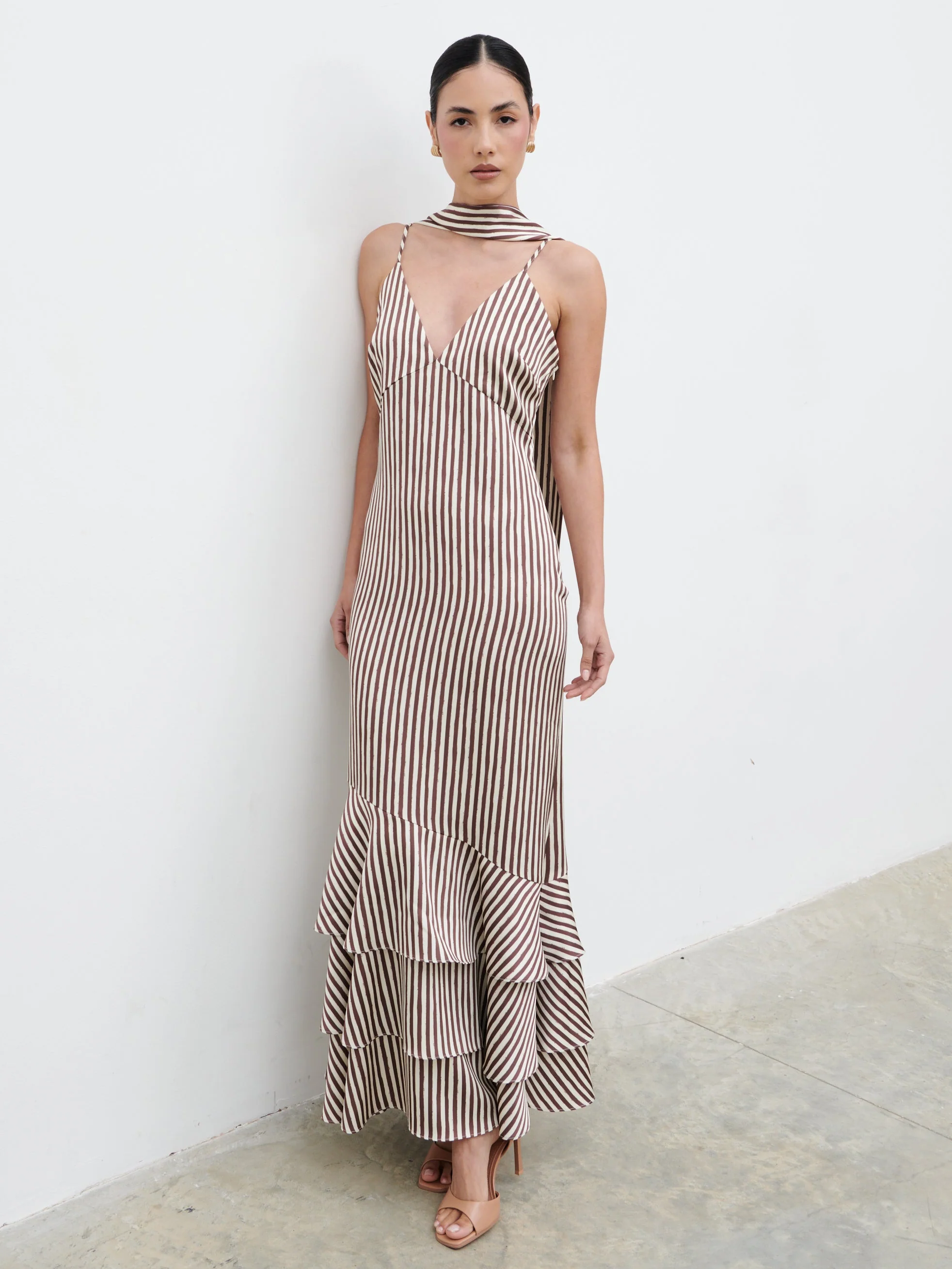 Serita V Neck Tiered Maxi Dress - Brown and Cream Stripe - Image 6