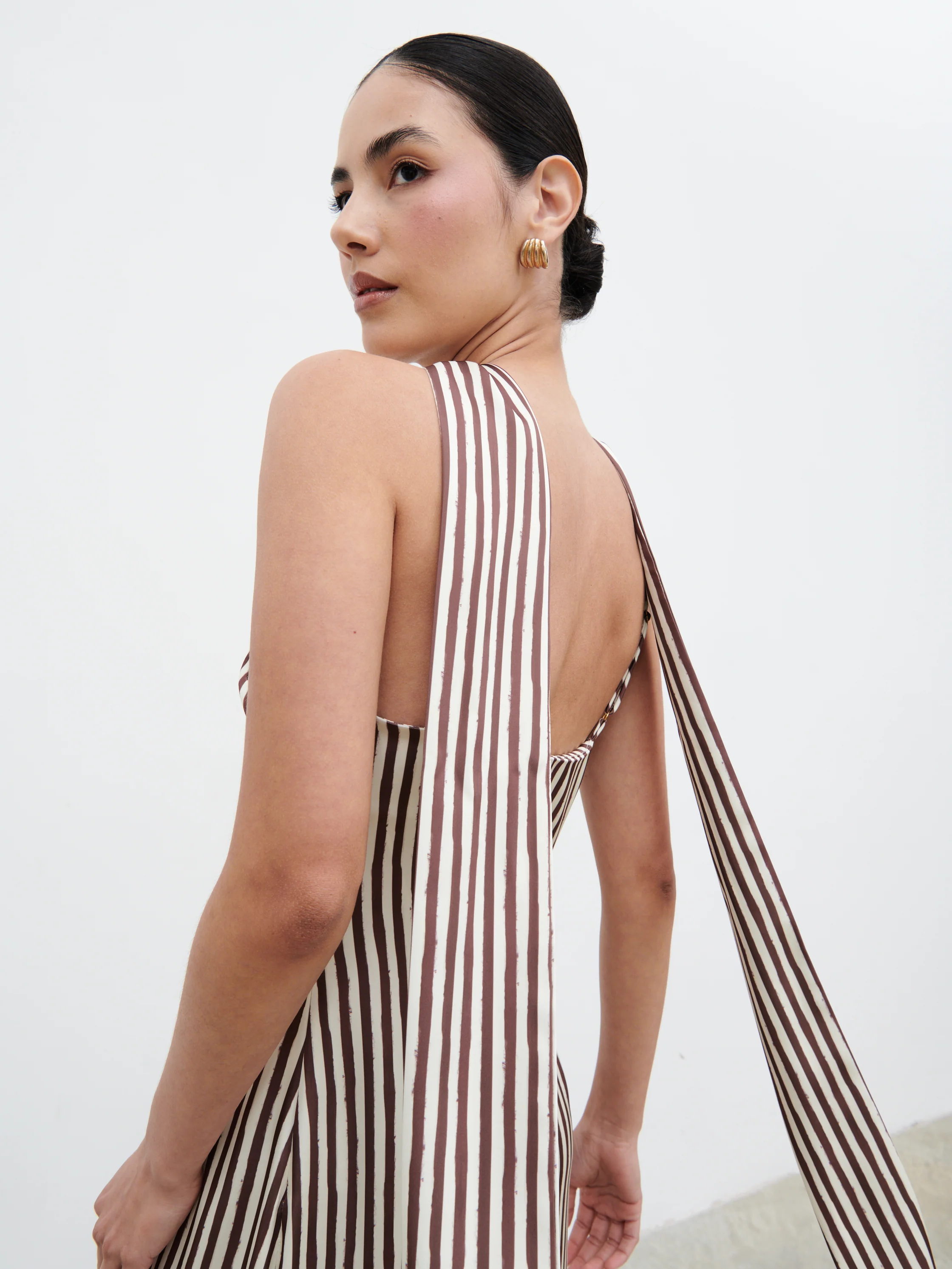 Serita V Neck Tiered Maxi Dress - Brown and Cream Stripe - Image 7